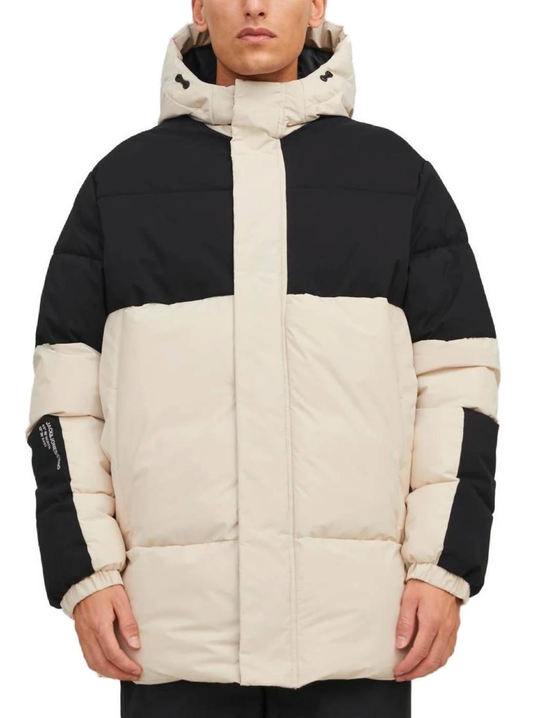 Jack & Jones Jack&Jones Force Plumífero Hombre Beige/negro Repelente Al Agua - Capucha Desmontable - Cierre de Cremallera