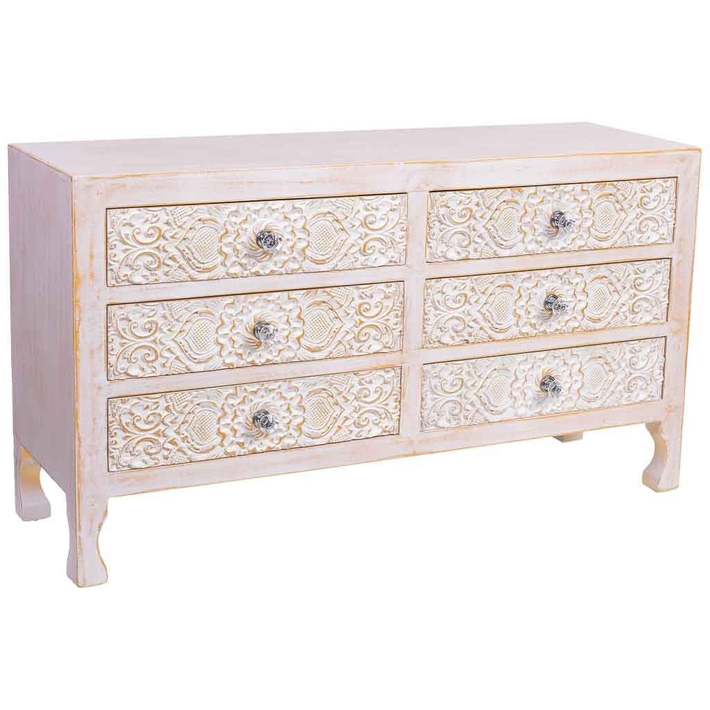 Wonderlust Deco - Comoda de madera de 6 cajones 91x28,5x51,5 Blanco 91x28,5x51,5h cm