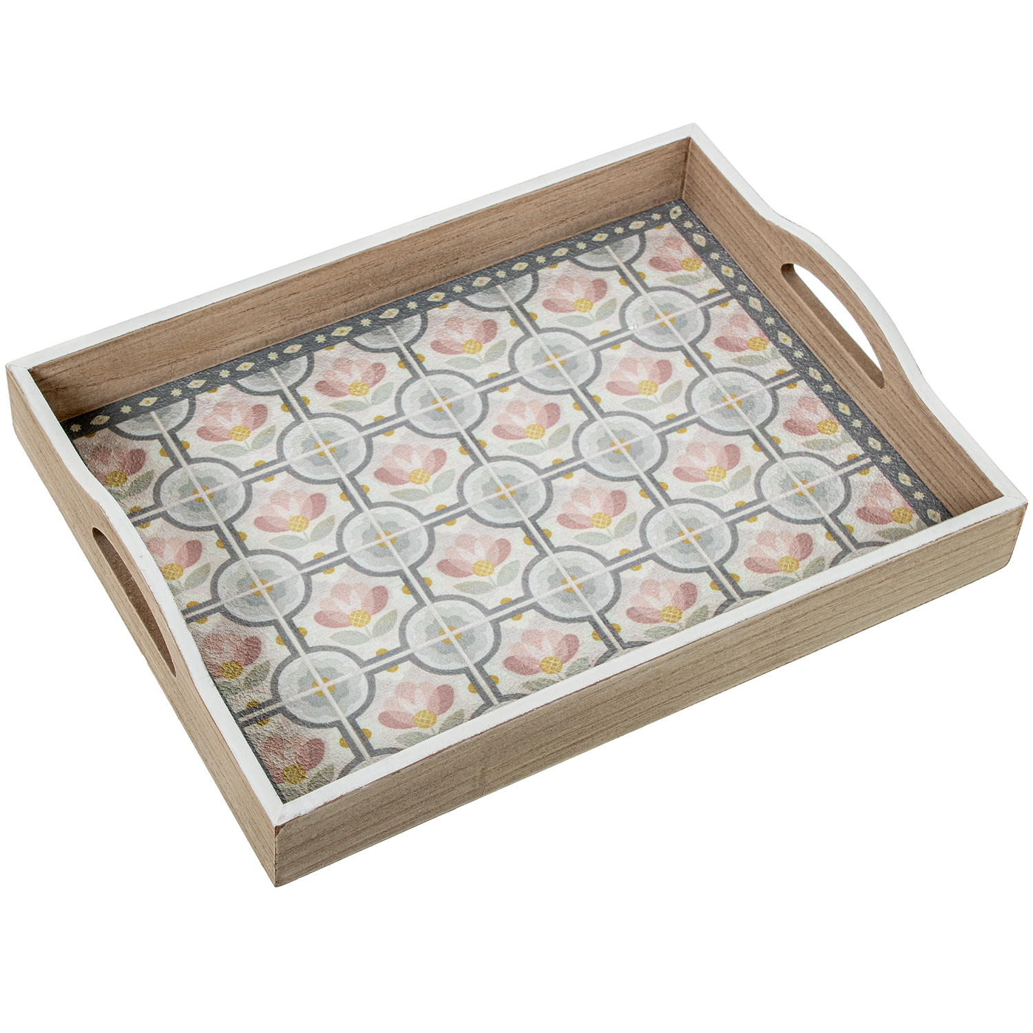 Bandeja madera decorada azulejos flores 40x30x7cm