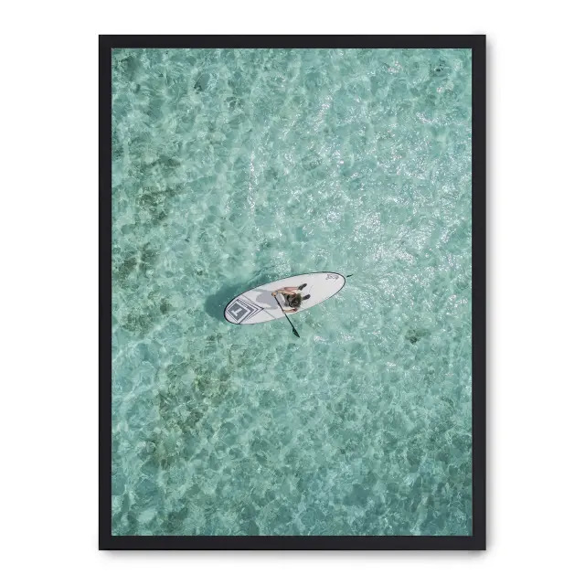 Lámina con marco negro PADDLE SURF 21x30 cm, Póster impreso en papel de primera calidad de 180gr, montado sobre marco de madera MDF acabado en negro., Naturaleza - Playa