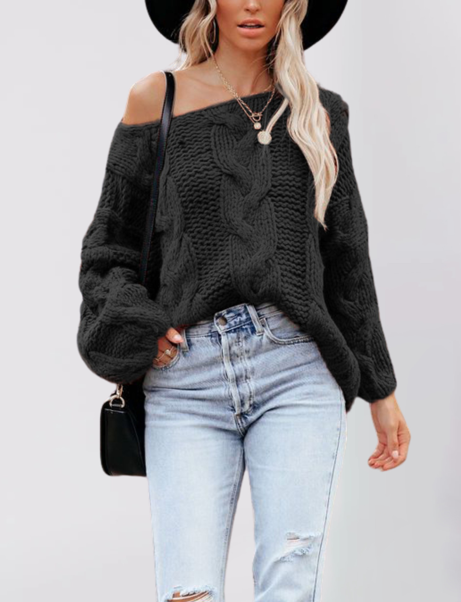TK Suéter de punto trenzado con hombros descubiertos para mujer, estilo urbano, otoño/invierno, talla grande