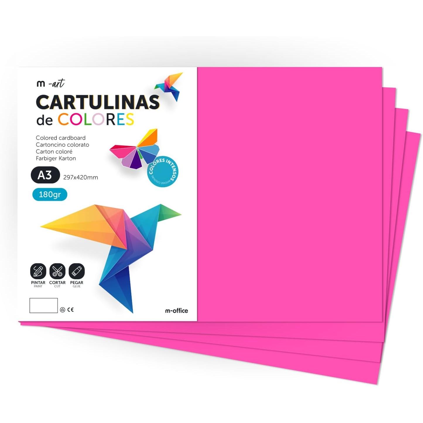 Cartulina de Colores, Cartulina A3 Colores Intensos, Hojas de Colores 180gr para Manualidades, Imprimir tus Documentos y Diseños Creativos, Folios de Colores A3 · m-office