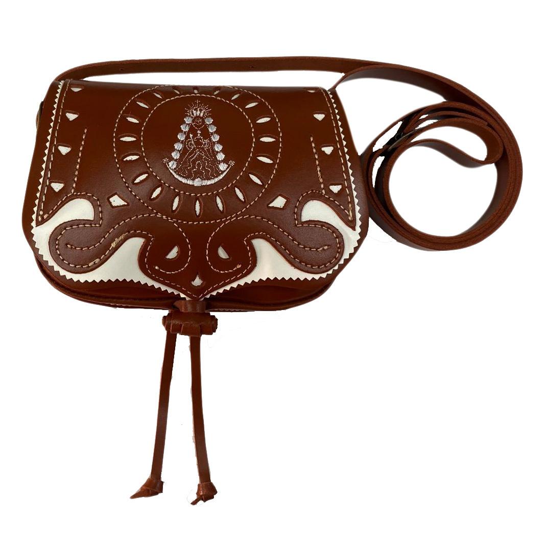 Funrey Bolso de Piel Marron Bordado Virgen del Rocio Ubrique 18x14x6cm