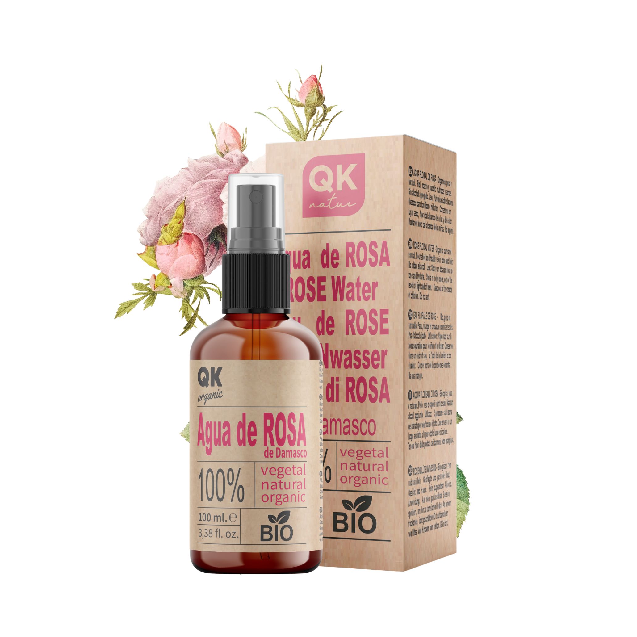 QKnatur - Agua de Rosa de Damasco - 100ml - Tónico facial 100% puro y Natural para rostro, contorno de ojos, escote - Botella de vidrio con Spray