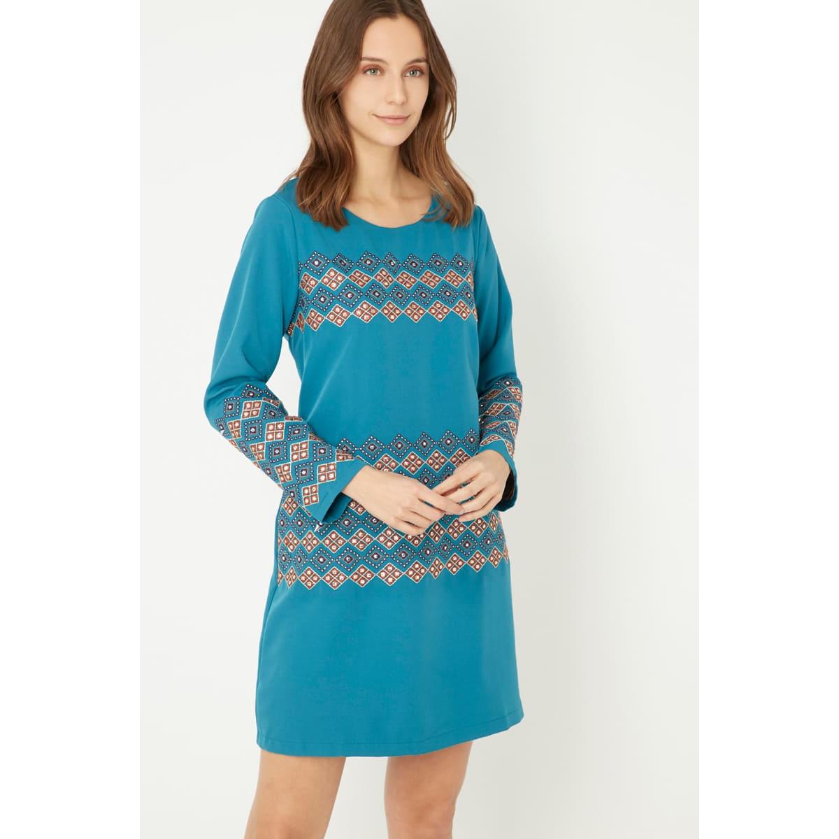 Vestido mujer manga larga, dress geométrico bohemio casual, tejido suave y ligero, corte corto, estampado exclusivo, azul, talla 38, cómodo, versátil, ideal diario y eventos informales, realza tu estilo auténtico ✅Entrega 24/48h
