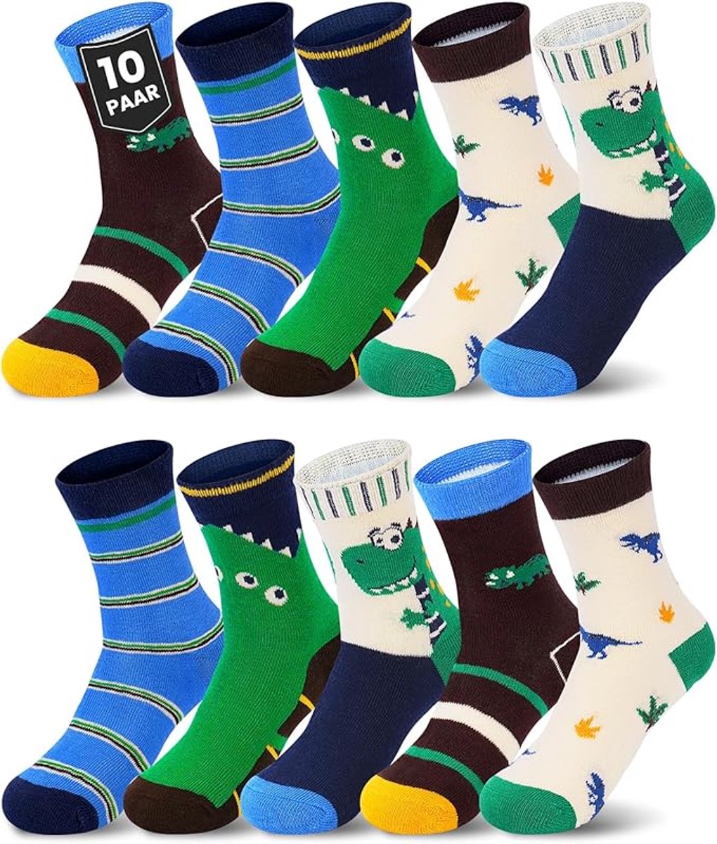 Om Home 10 pares de calcetines infantiles - Calcetines clásicos para niñas y niños - Calcetines divertidos de algodón - Calcetines de otoño e invierno con dinosaurios de dibujos animados - Calcetines para bebés - Talla XL 9-12 años [Tallas de calzado reco