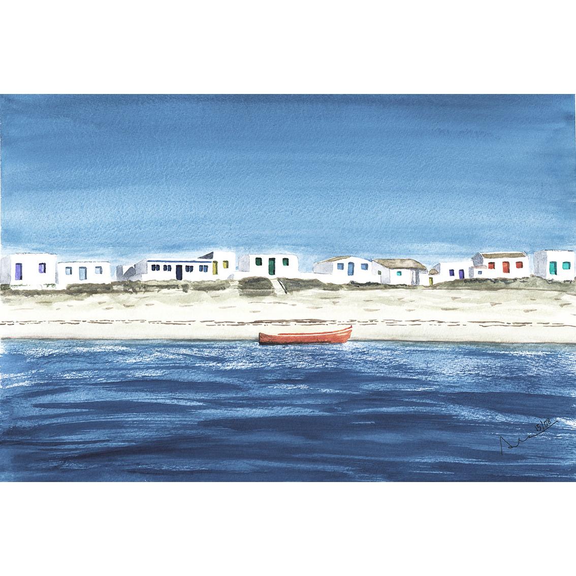 Cuadro decoración pared LIENZO SIN ENMARCAR decorativo horizontal grande "CULATRA" Vertical paisaje lienzo Alta Calidad acuarela marina colorida arena azules bote rojo horizonte casas blancas ventanas de colores isla Salon Casa playa Ref ANA DURAN A 035 B