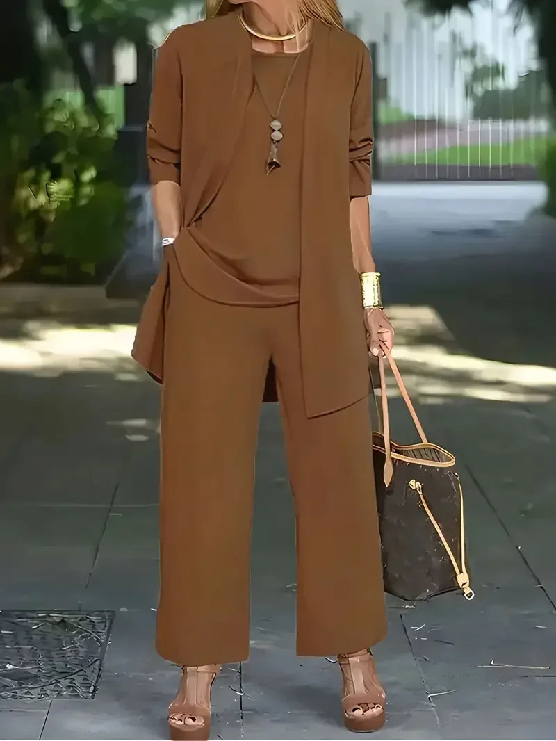 TK Conjunto De Moda Para Mujer Talla Grande 1XL-5XL Camiseta De Manga Larga Casual Con Cardigan Y Pantalones Largos