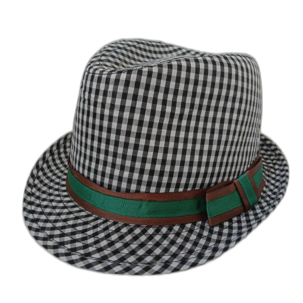 Sombrero Hombre Estilo Trilby ala Corta Gorro Clásico a cuadros en blanco y negro con lazo verde - Elegante y versátil Adulto - Kebedo Moda