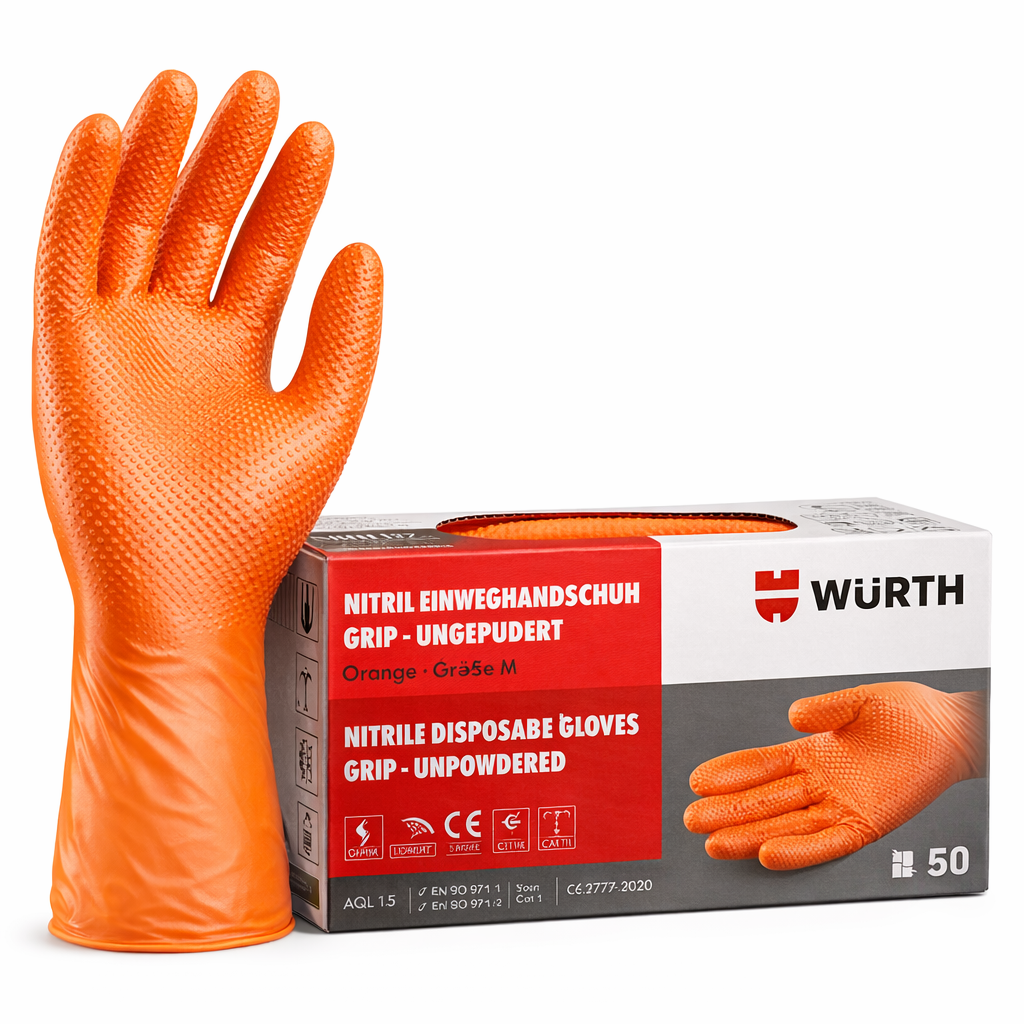 Guantes de nitrilo diamantados x 50 marca Würth | Guantes desechables para trabajo profesional | Agarre superior en seco y húmedo | Taller, industria y montaje