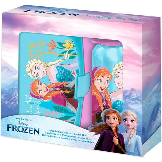 Set Sandwichera y Cantimplora Frozen Disney, Botella de Aluminio 500 ml con Tapón, Caja Porta Alimentos en PVC, Diseño Elsa y Anna, para Merienda Infantil, Pack 2, Azul y Rosa