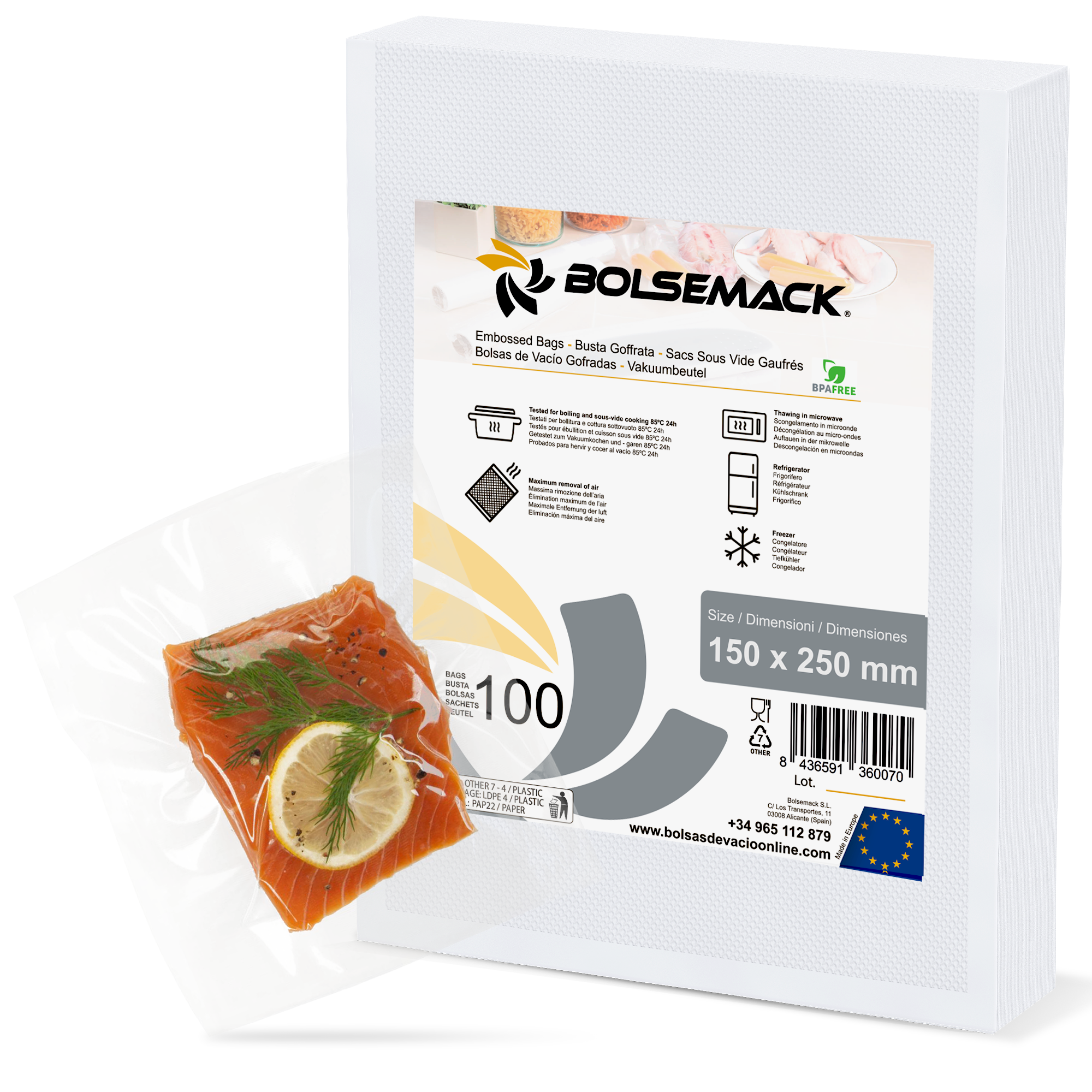 Bolsemack Bolsa para Envasado Al Vacio Gofrada 150x250 mm (15x25 Cm) . Compatible con Todas las Envasadoras Domésticas Libre de Bisphenol y Ftalatos