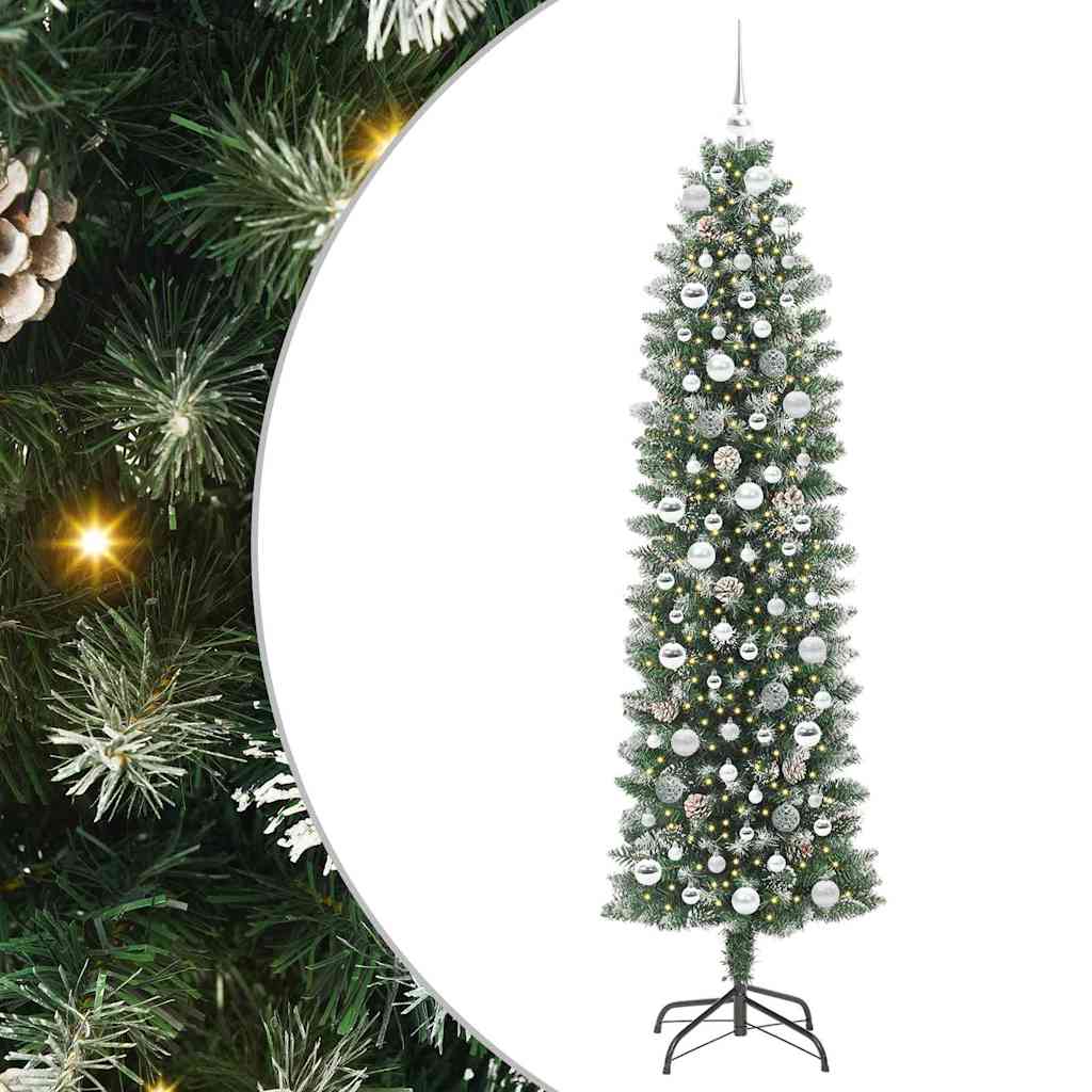 vidaXL Árbol Navideño Artificial Delgado Verde y blanco 210 cm con LED y bolas