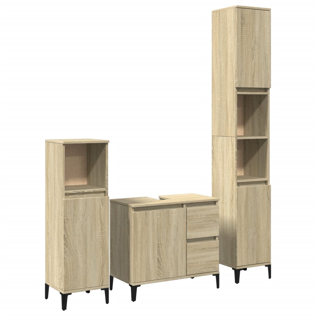 vidaXL Juego de muebles de baño 3 pzas madera contrachapada en color Blanco/Negro/Gris sonoma y más | almacenamiento funcional diseño moderno para baño dormitorio sala
