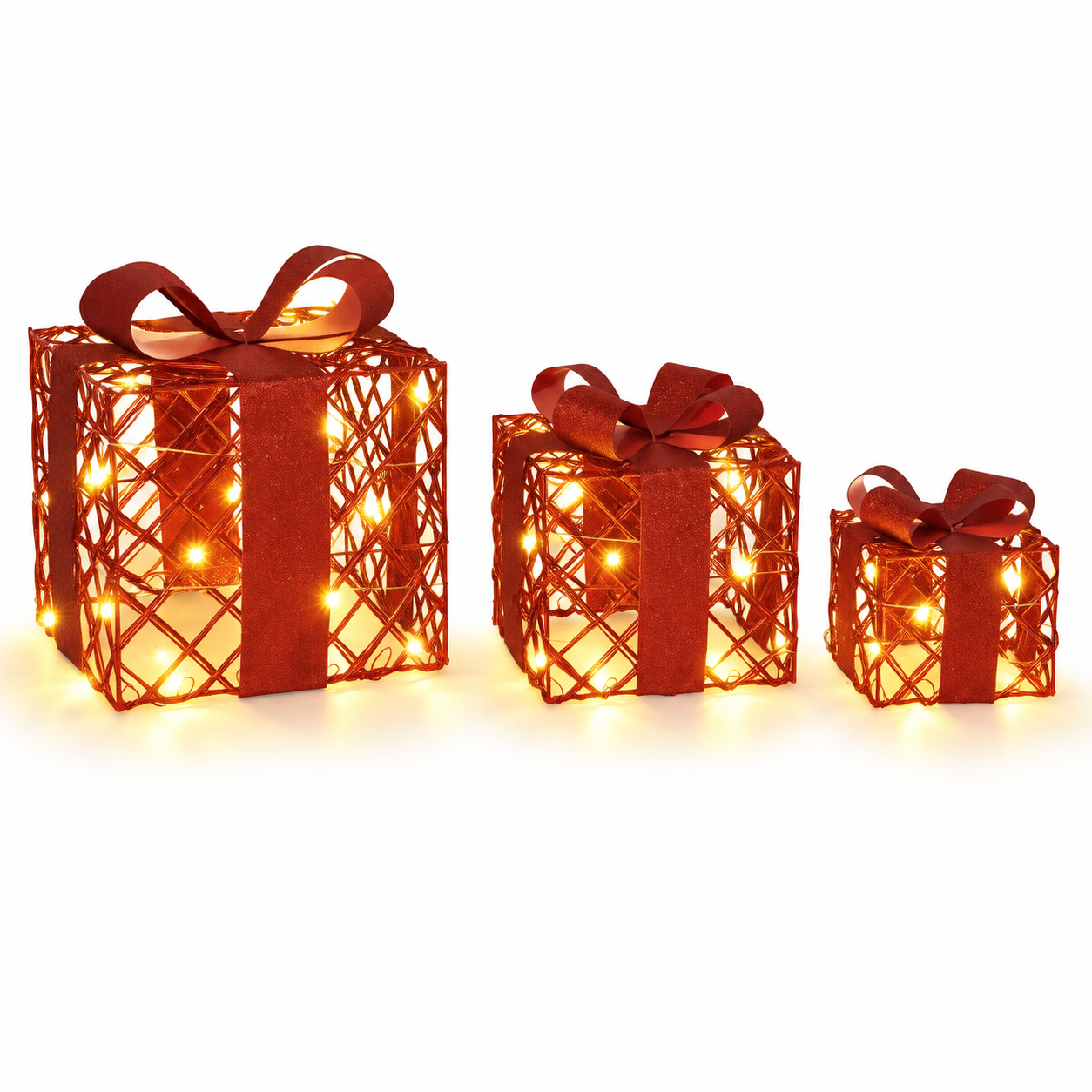 Set 3 Cajas Regalo Decorativas con Luz LED – 10, 15 y 20 cm – Cajas Luminosas Navideñas – Oro o Rojo