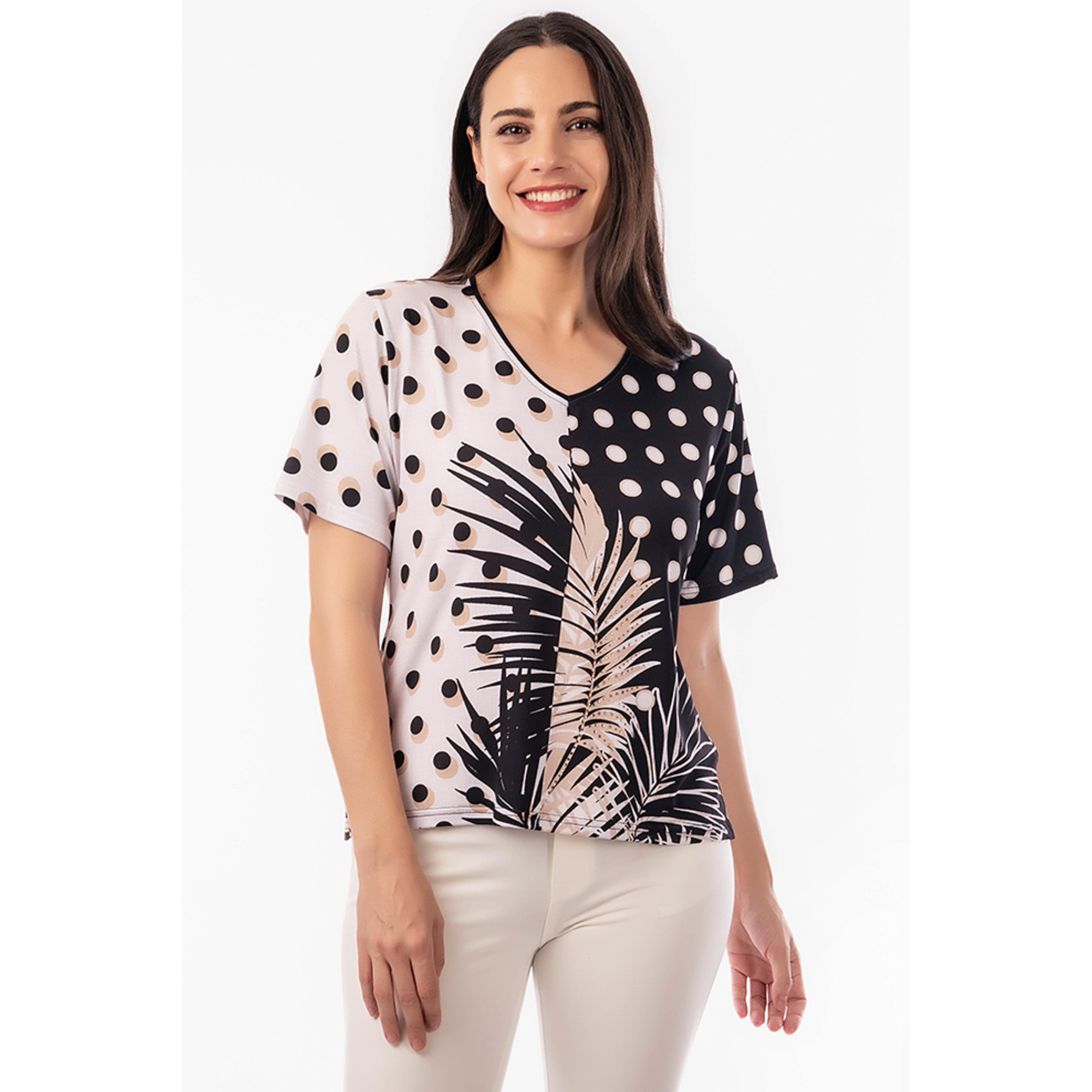 Camiseta de Mujer Estampada Manga Corta con Escote en Pico- Masquenada