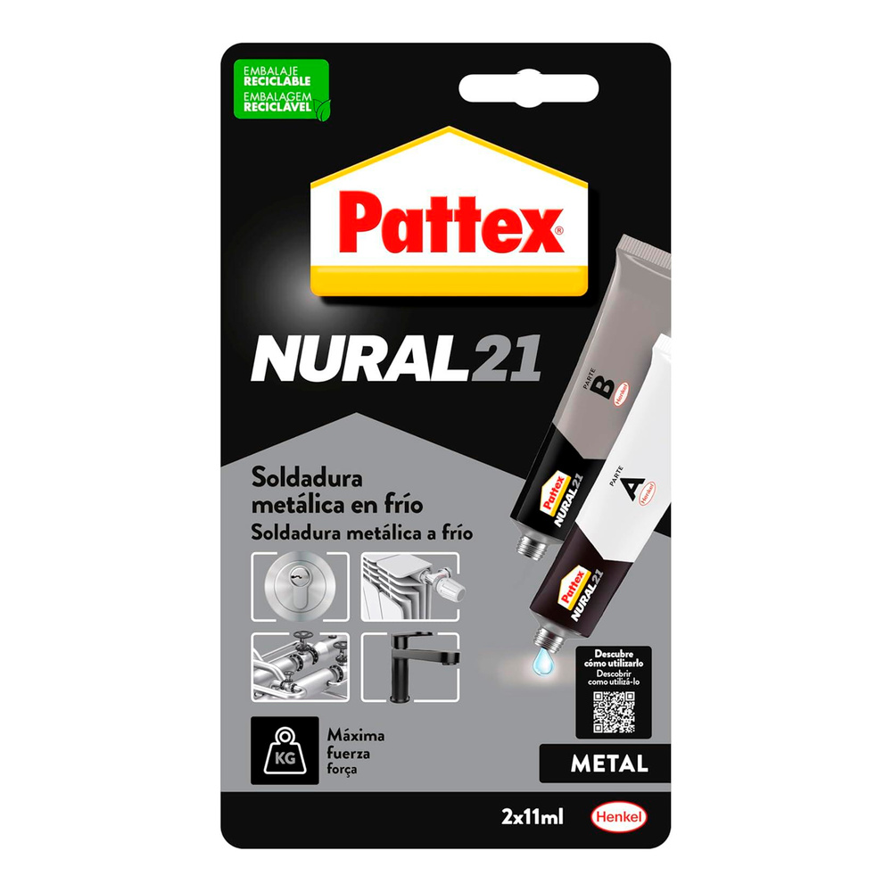 PATTEX Nural 21 Soldadura Metálica en Frío 22 ml | Adhesivo Epoxi Bicomponente Gris de Secado Lento para Reconstrucción de Metales, Depósitos, Tuberías, Cártel y Maquinaria | Resiste 160 kg/cm² | Rellena, Pega y Mecanizable
