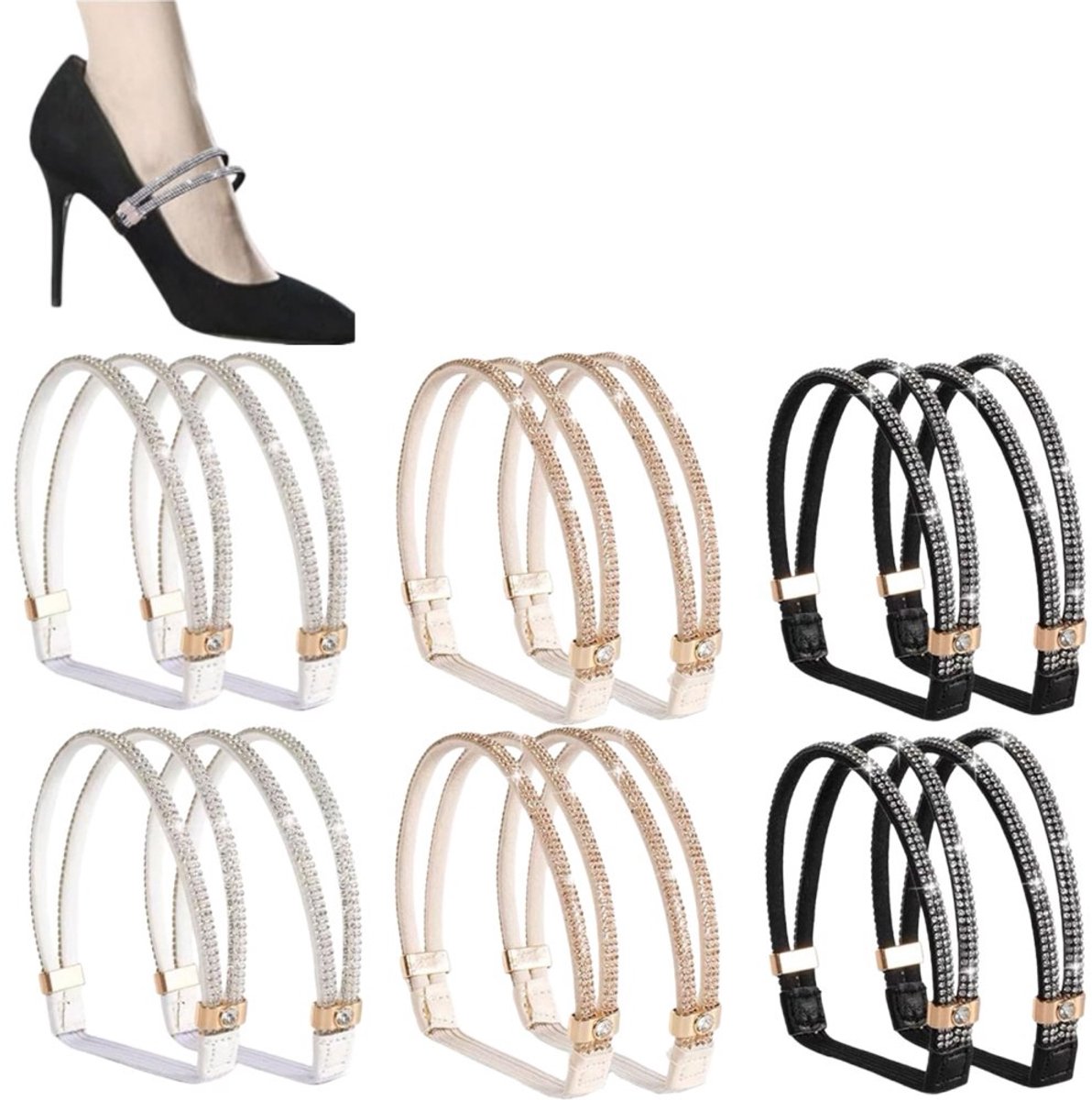 6 pares - Correas elásticas para tobillos de tacones altos - Correas de repuesto para tacones altos - Antideslizantes - Resistentes a caídas - Extraíbles - Negro, blanco, champán - Talla única - Se adaptan a tacones altos y sandalias