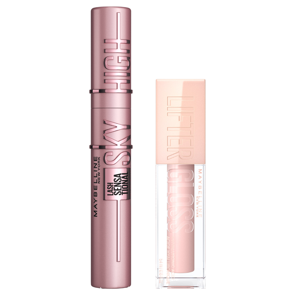 Maybelline New York | Kit rutina de maquillaje con la máscara de pestañas Sky High Tono Negro y el labial Lifter Gloss