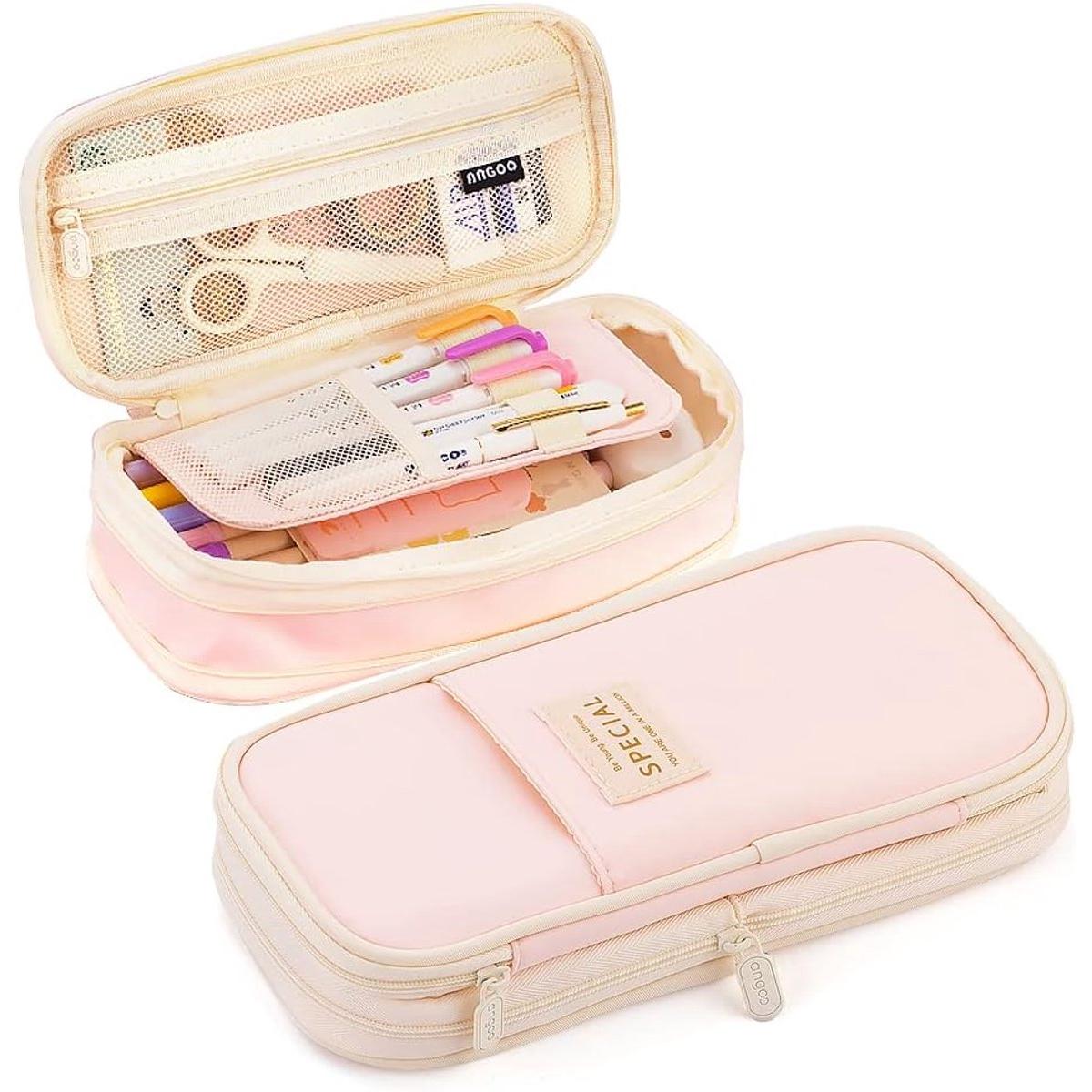 Estuche expandible con separadores, estuche de gran capacidad, para oficina y escuela, estuche portátil, organizador grande para útiles escolares, neceser de maquillaje (rosa)