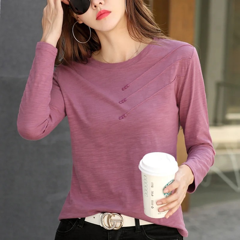 TK Blusa De Algodón Para Mujer Estilo Coreano De Office Lady Con Cuello En 'o' Y Manga Larga Color Sólido Moda De Otoño