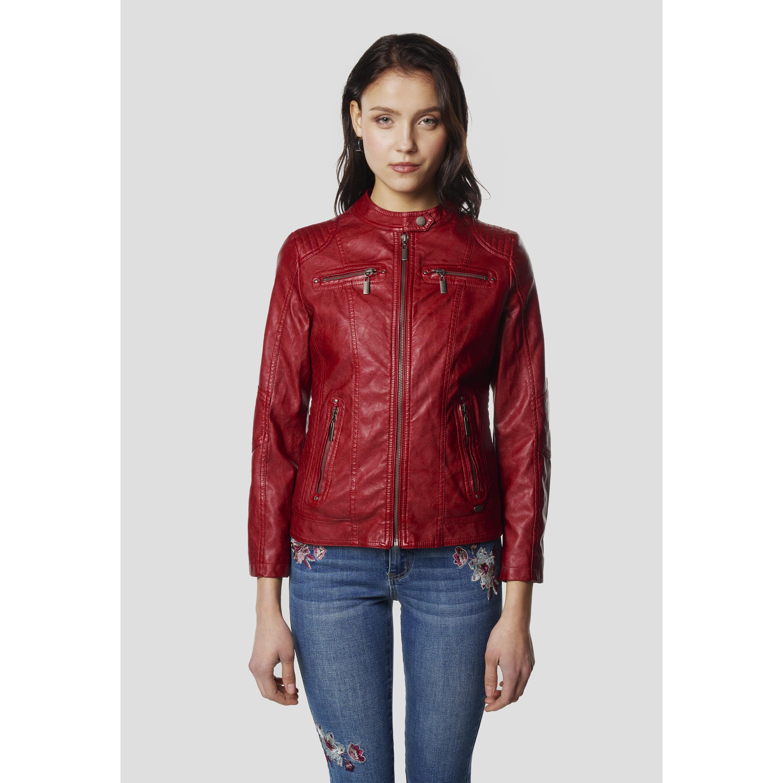 Koroshi - Cazadora motera mujer efecto piel cuello mandarín ajustada con placa metálica, 100% poliéster vintage para look biker urbano
