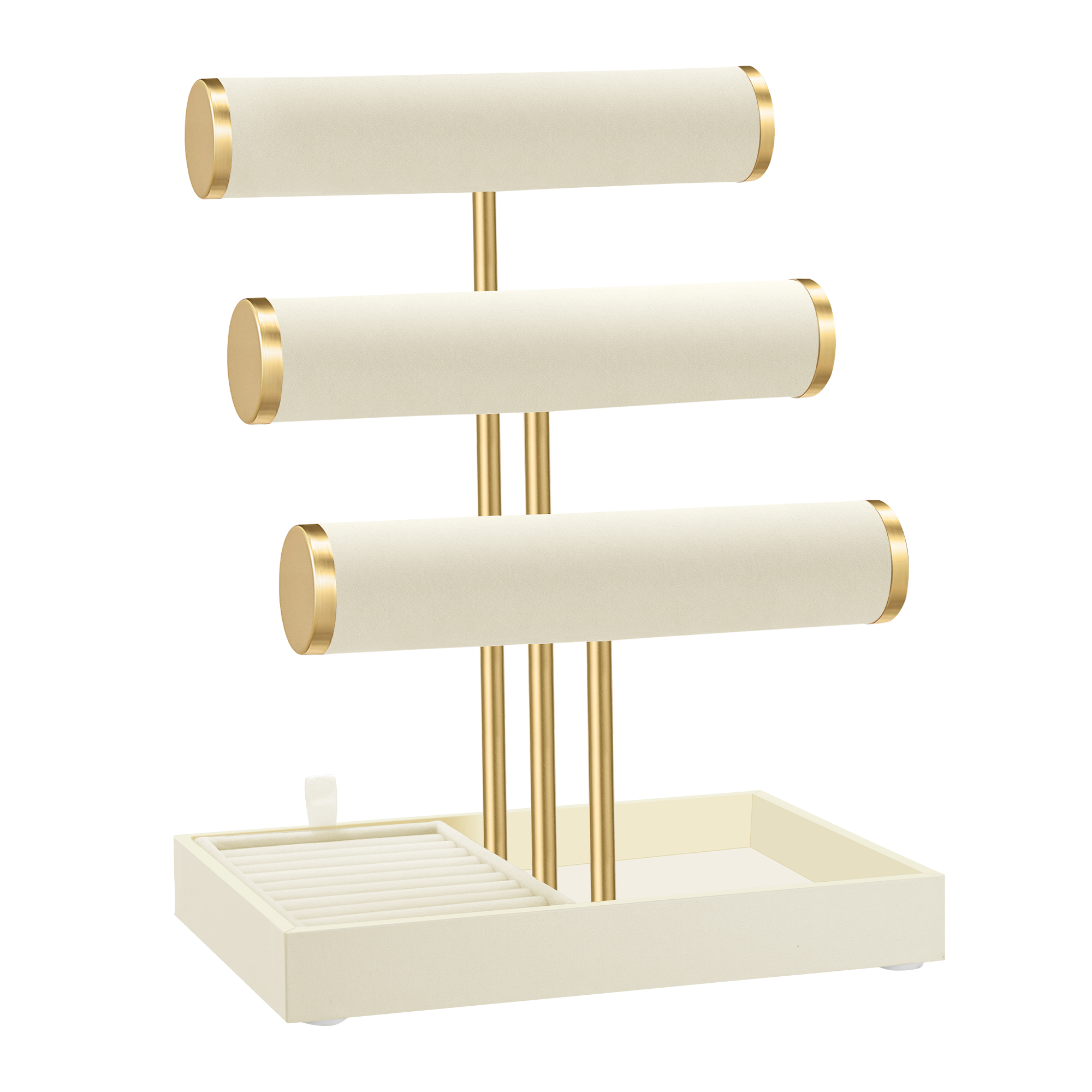 SONGMICS Soporte para Pulseras, Expositor de Joyas, Organizador de Joyas, 3 Niveles y Bandejas de Terciopelo, Soporte para Anillos Desmontable, Negro Tinta/Blanco Crema y Oro Pálido