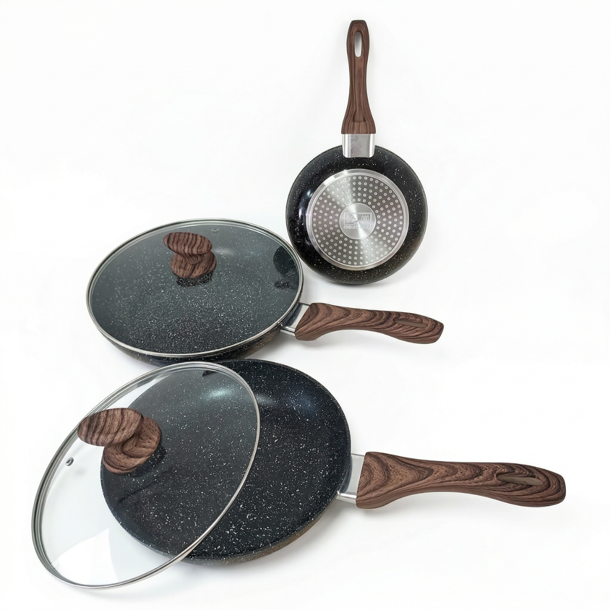 Sartenes cocina pack de 5 piezas, 3 sartenes 20/24/28 cm antiadherentes y 2 tapas TRÉBOL ADVANCE para todo tipo de cocinas inducción, gas, eléctricas
