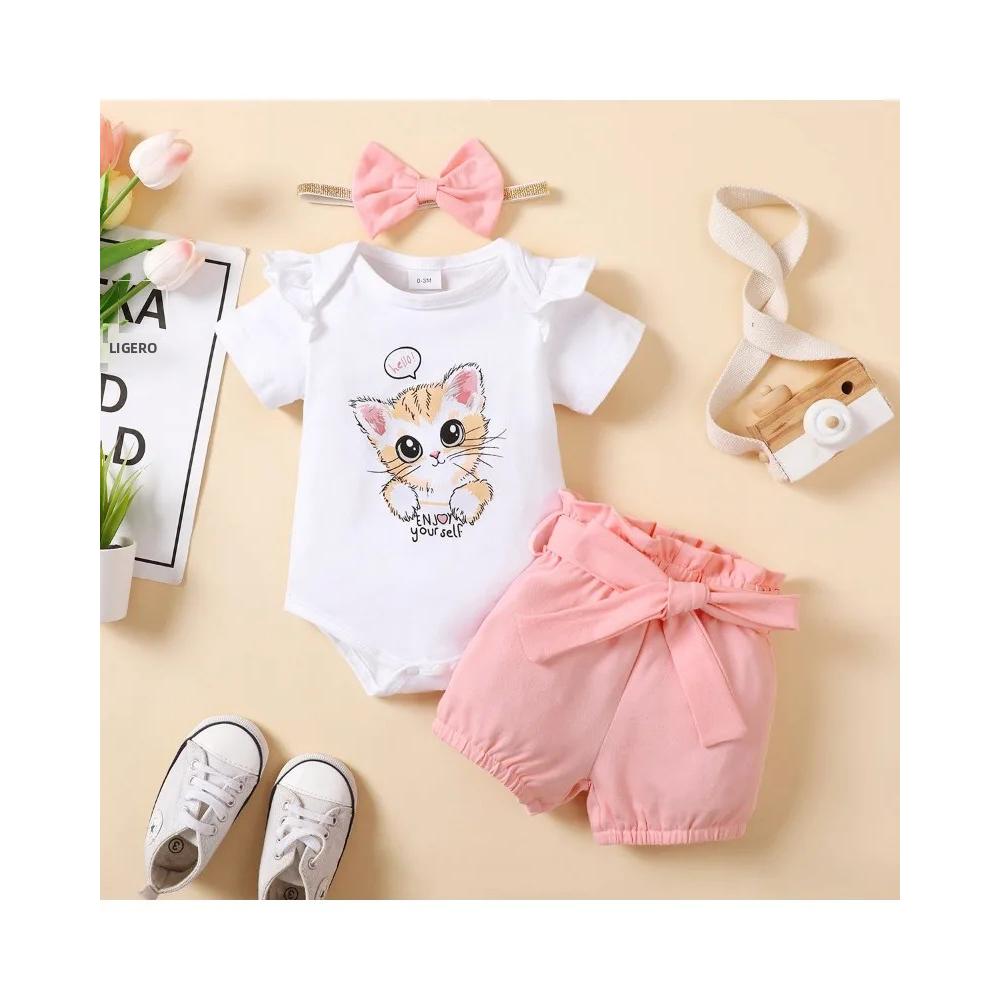 TK Conjunto De Ropa Para Bebé Niña Nueva Nacida 3PCS Camiseta Corta Con Gato + Shorts + Gorro Verano Para Bebé De 0-18 Meses