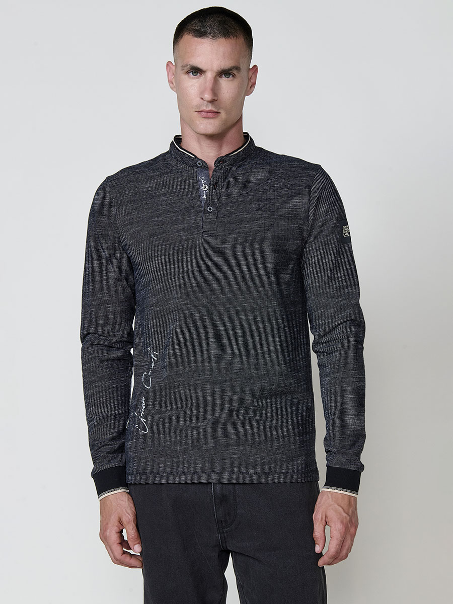 Koroshi - Polo hombre manga larga cuello mao jaspeado de algodón y poliéster para look semiformal o casual, color negro