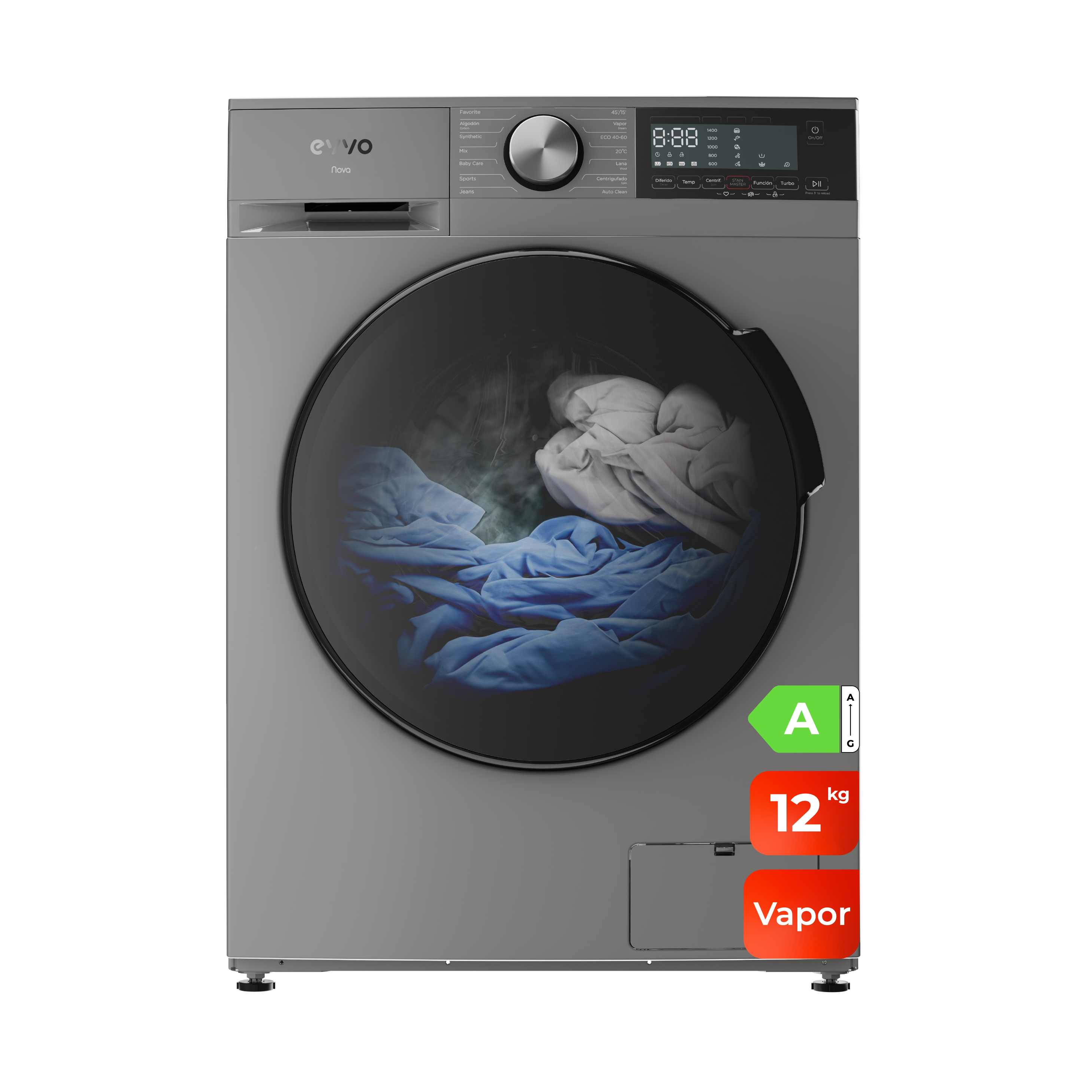 EVVO Lavadora 12 kg carga frontal Nova 12, 1350 rpm, Clase energética A, Motor Inverter, tambor diamante ePROTECT, 14 programas, Función vapor Steam Wash, Smart LOAD, Lavado Rápido 15', Inicio diferido