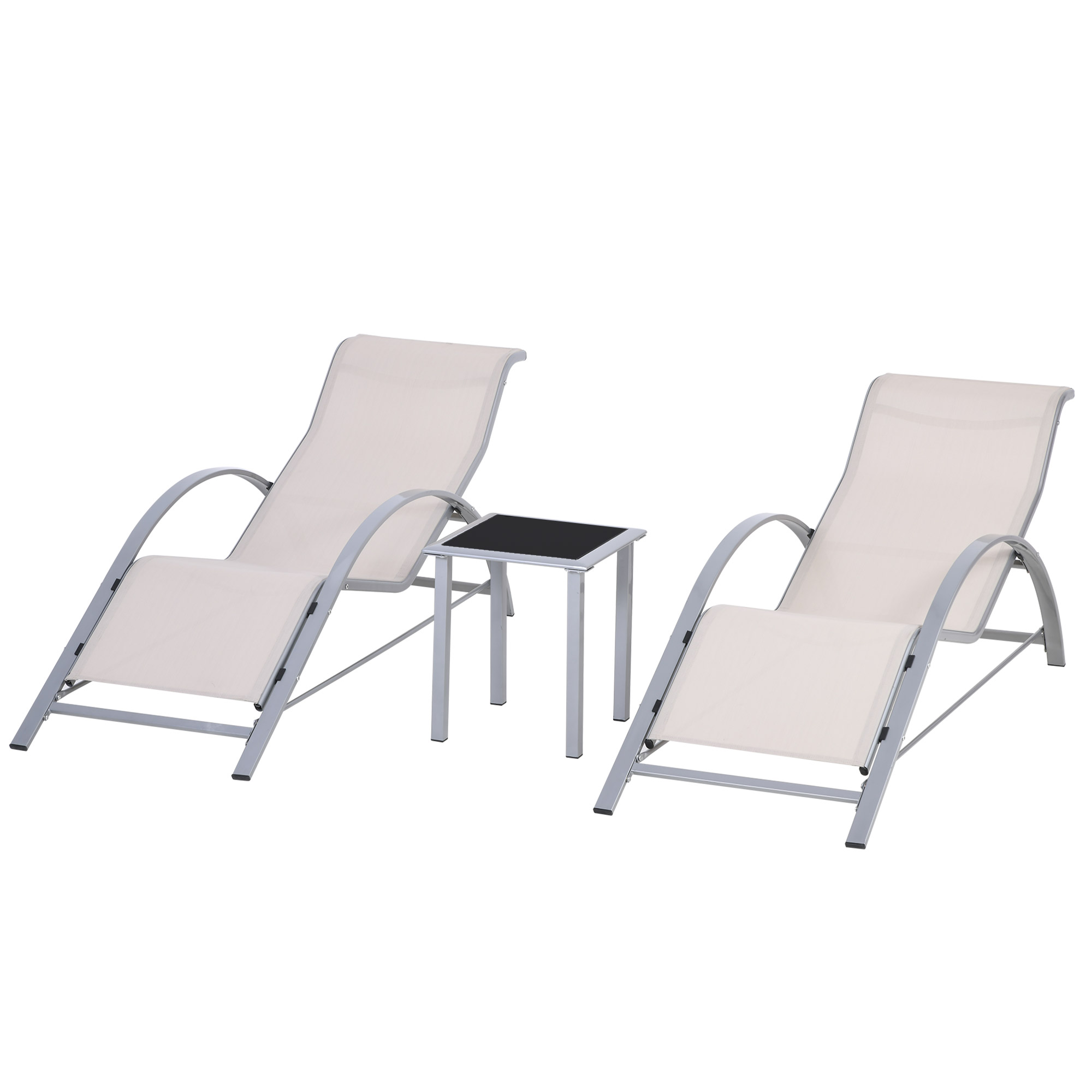 Outsunny Set de 2 Tumbonas Jardín Exterior con Mesa Auxiliar de Vidrio Templado Tumbonas con Respaldo Reposabrazos para Patio Piscina Terraza Exterior Gris