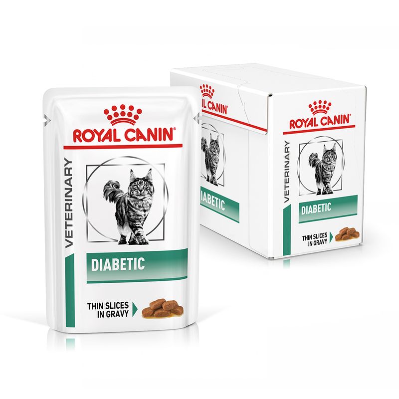 12 X 85g - Royal Canin Veterinary Diabetic  Alimento completo dietético para gatos  Para regular el aporte de glucosa  Con trocitos finos en salsa  Alto contenido en proteínas