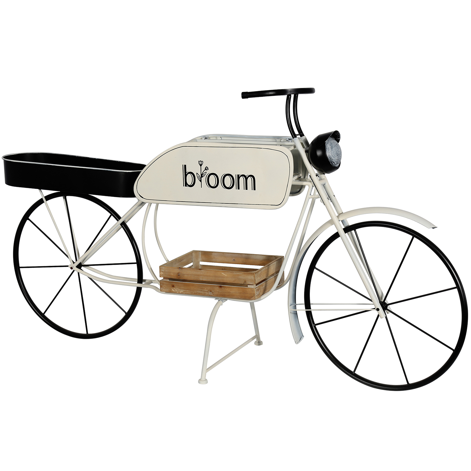 Jardinera metal blanco moto con bandeja madera, medidas 188x57x103 cm Fijalo