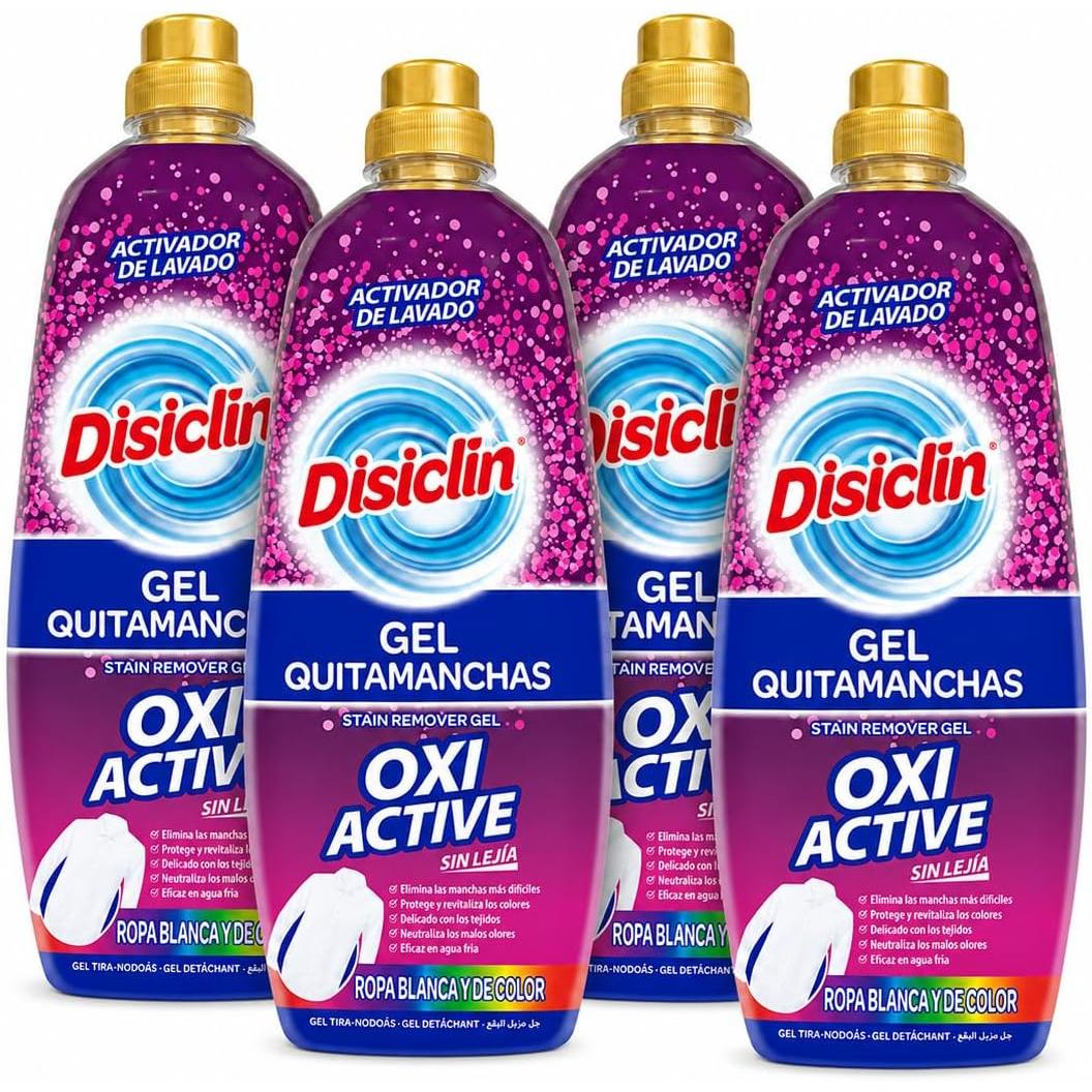 Disiclin Gel Quitamanchas Oxi Active 1250 ml (Pack 4 Unidades) - Con Oxigeno Activo Sin Lejia, para Ropa Blanca y de Color, Elimina las manchas mas dificiles, Protege el color, Neutraliza los malos olores, Delicado con los tejidos