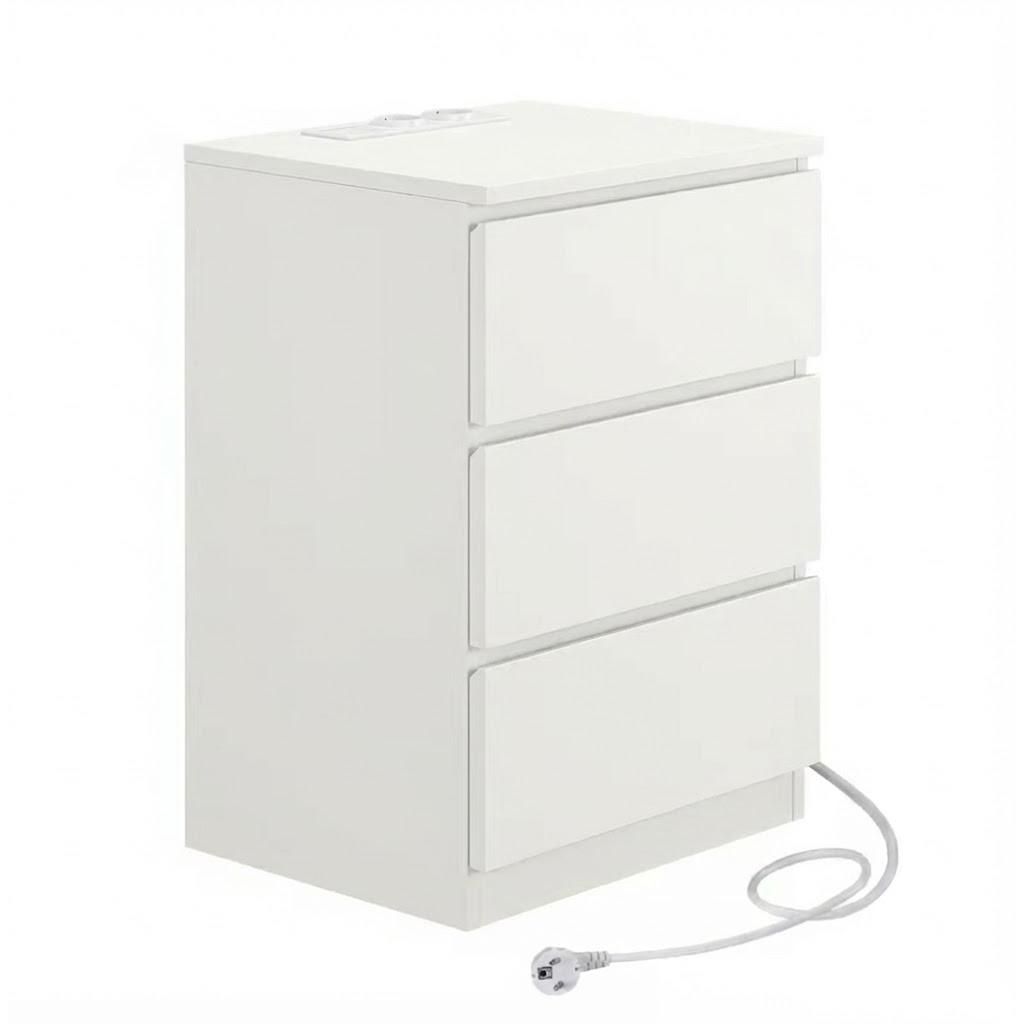 ORION91® - Mesita de noche con estación de carga, 3 cajones, 2 enchufes, 2 puertos USB y cable de 2 m, aglomerado blanco nube - spaziOrion91
