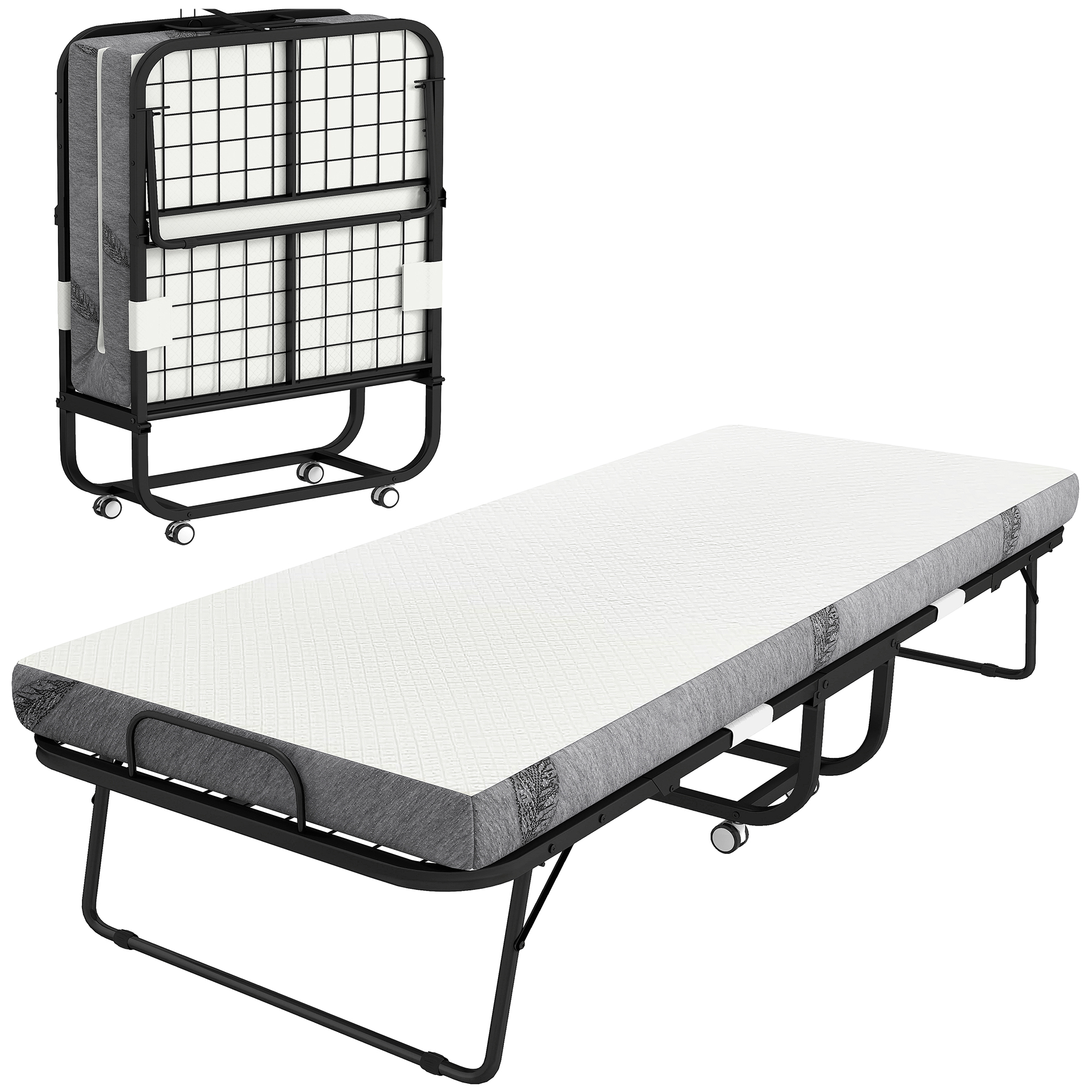 HOMCOM Cama Plegable 200x80 cm con 4 Ruedas, Cama de Camping Portátil, con Colchón Individual de 10 cm, Marco de Acero, Carga 150 kg, para Dormitorio, Salón, Oficina, Blanco