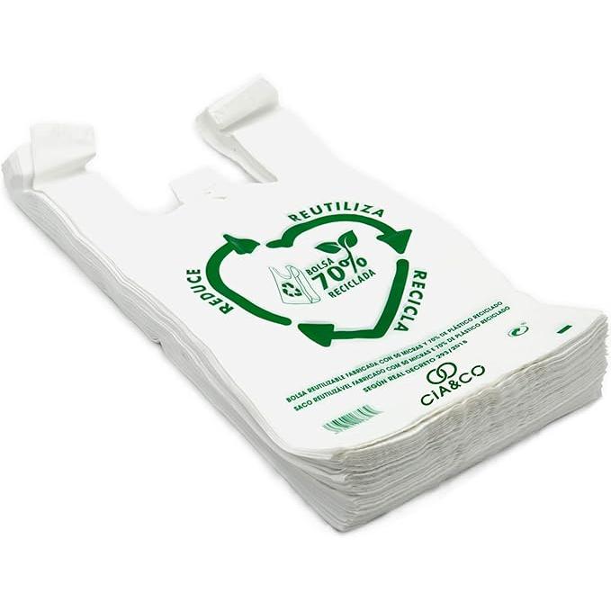 Bolsas de Plástico Blanco 70% Reciclado Cia&Co, Tamaño XL (42x53cm), Pack 2 Kilos. Aptas para uso alimentario, reutilizables y muy resistentes (Galga 200) cumpliendo la normativa española.