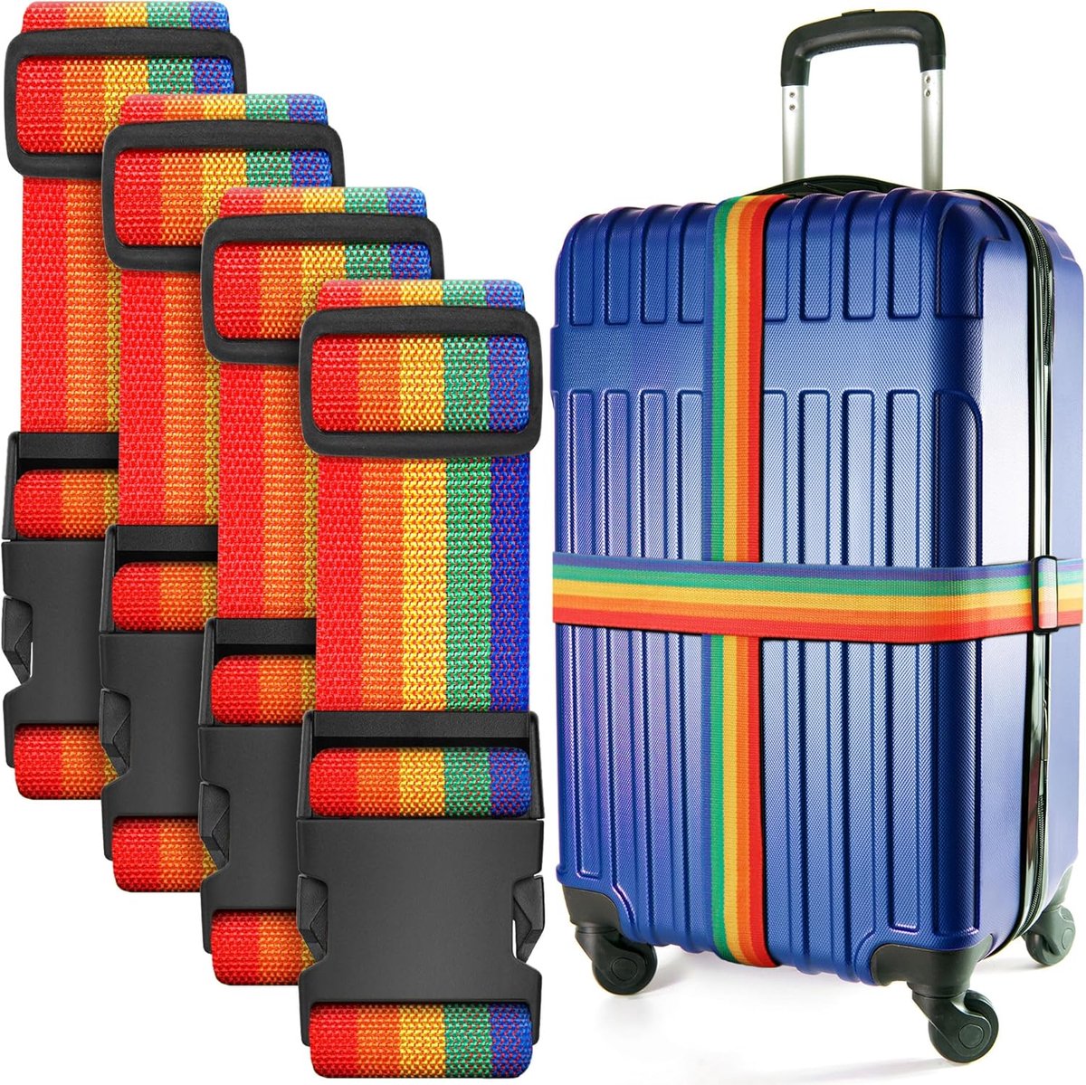 Set van 4 bagagebanden, nylon banden, reisaccessoires, 2 meter verstelbare lengte, geschikt voor koffers van 20 tot 32 inch, Kleurrijk.