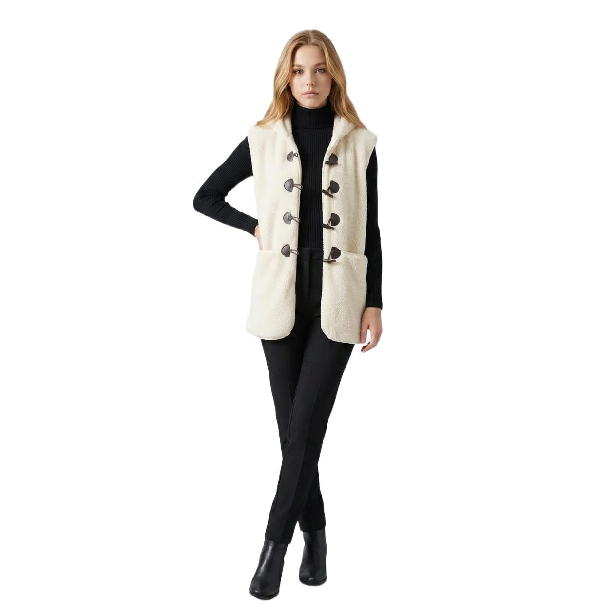 Chaleco de mujer Marca Love & Money efecto borreguito 100% poliéster con capucha y cierre frontal, ideal para entretiempo y frío - REF: H14119