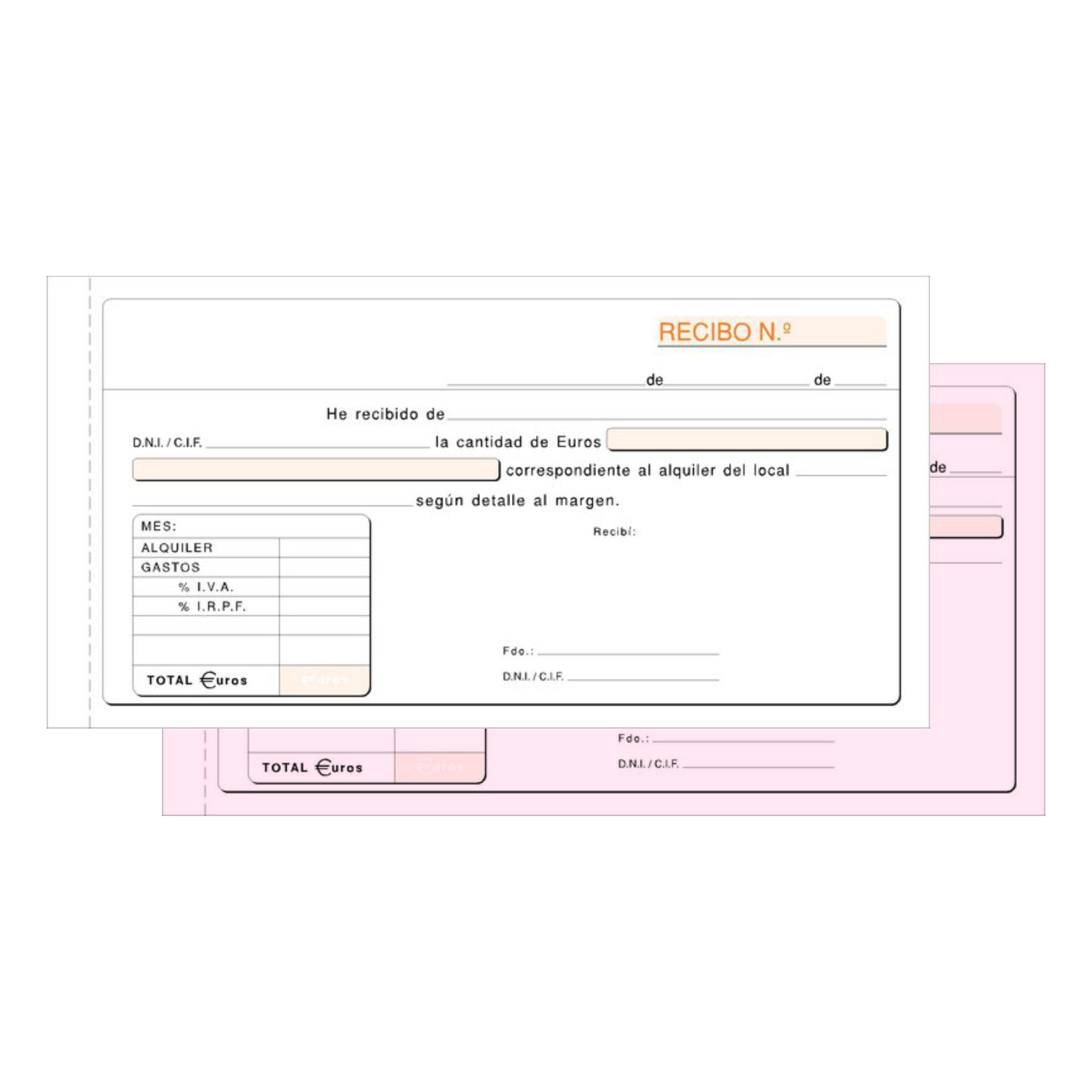 Talonario recibo alquiler mod. T-52, pack 10 uds. | LOAN - Talonario recibo duplicado autocopiante, copia blanca-rosa, 1/3 folio horizontal, 50 juegos