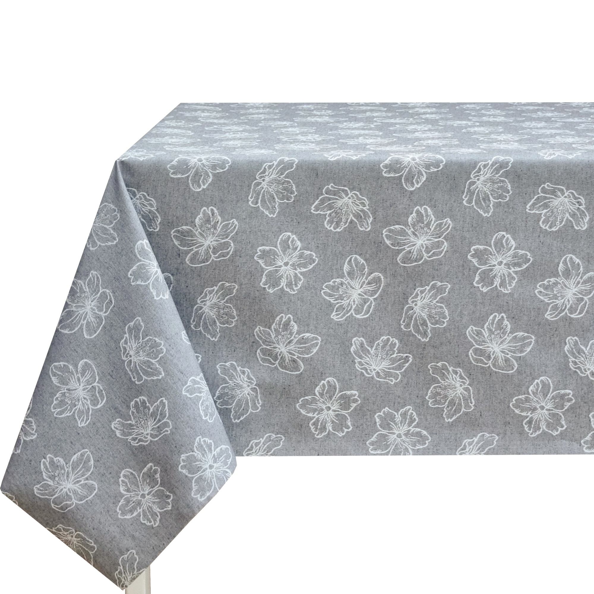 Mantel de tela resinada suave, rectangular, impermeable y fácil de limpiar, fondo gris con flores blancas, ideal para cocina, comedor, salón, balcón, jardín y picnic