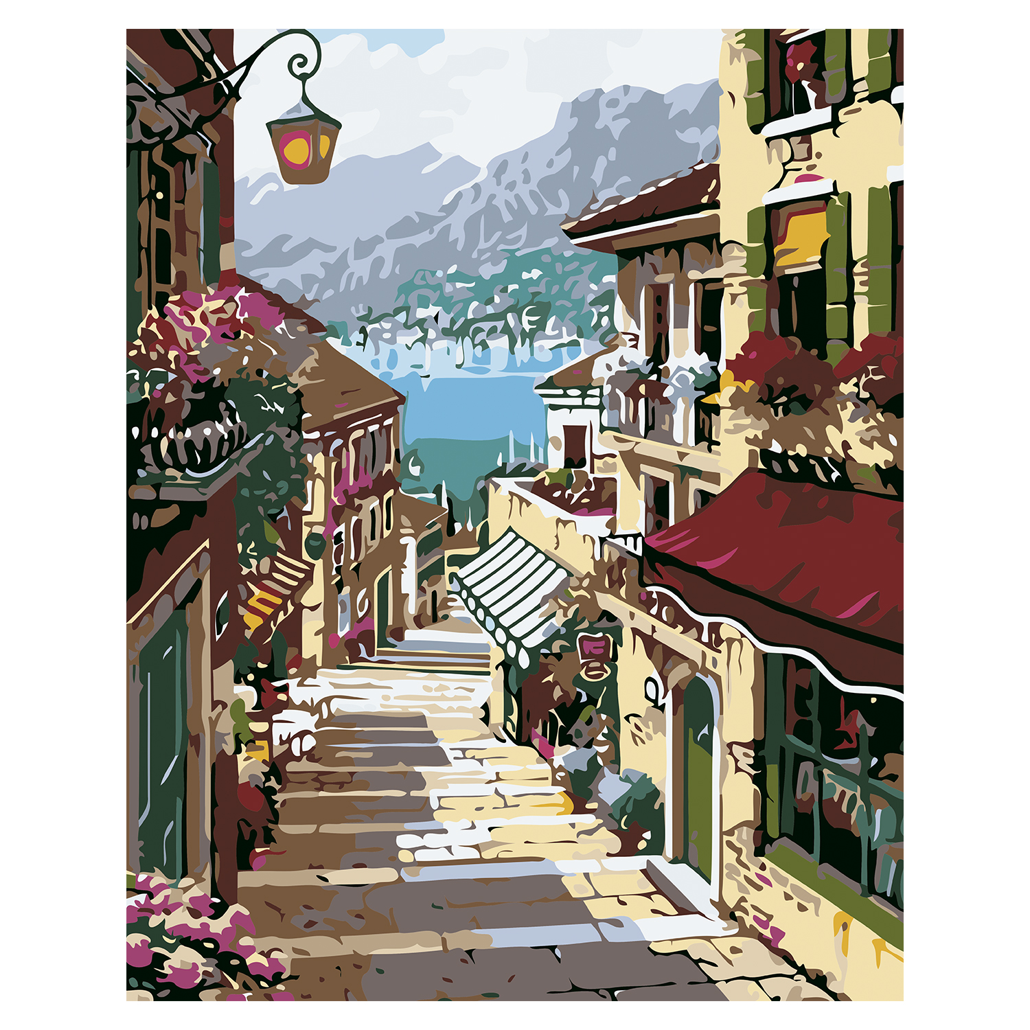 DAM. Lienzo con dibujo para pintar con números, de 40x50cm. Diseño calle marítima. Incluye pinceles y pinturas necesarias. 24,5x2,7x14 cm.