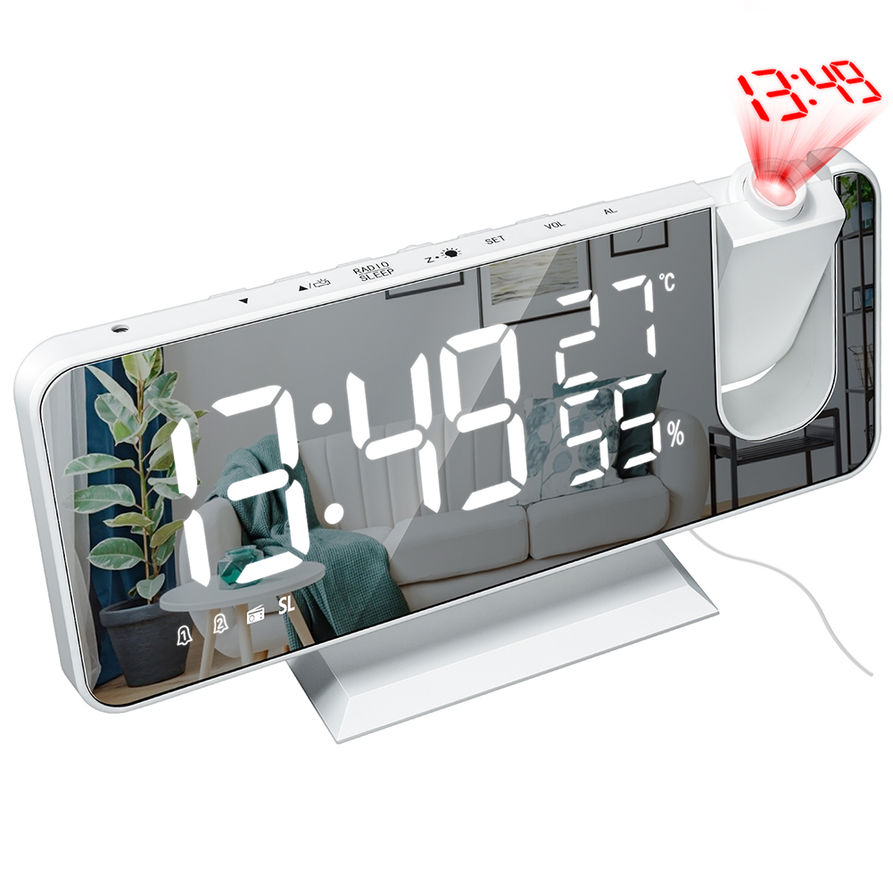 Reloj despertador Digital con proyección, Radio giratoria de 180 °, pantalla de temperatura y humedad, para dormitorio y oficina