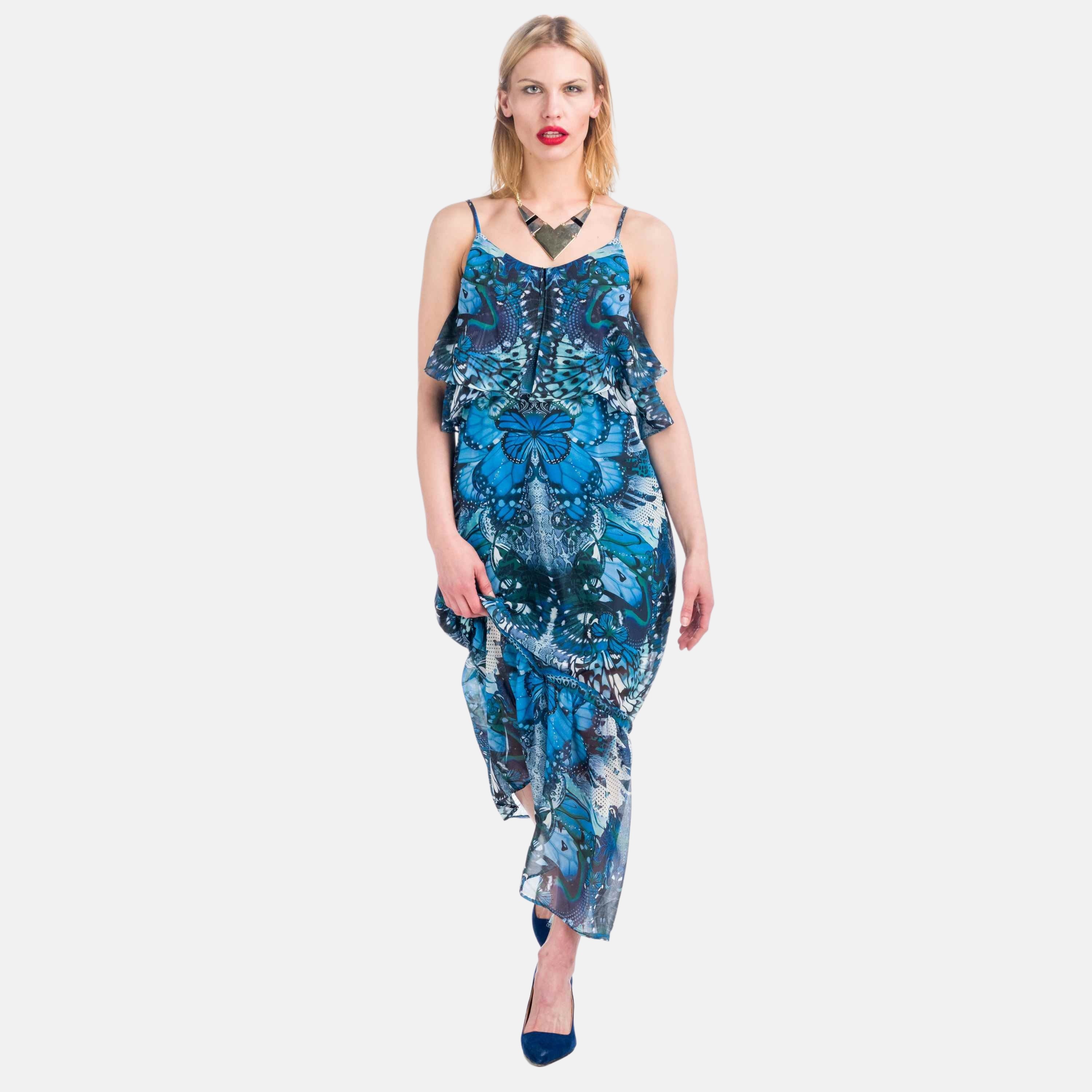 Koroshi - Vestido largo de tirantes con estampado verde y azul para primavera-verano, fluido y con volantes, 100% poliéster