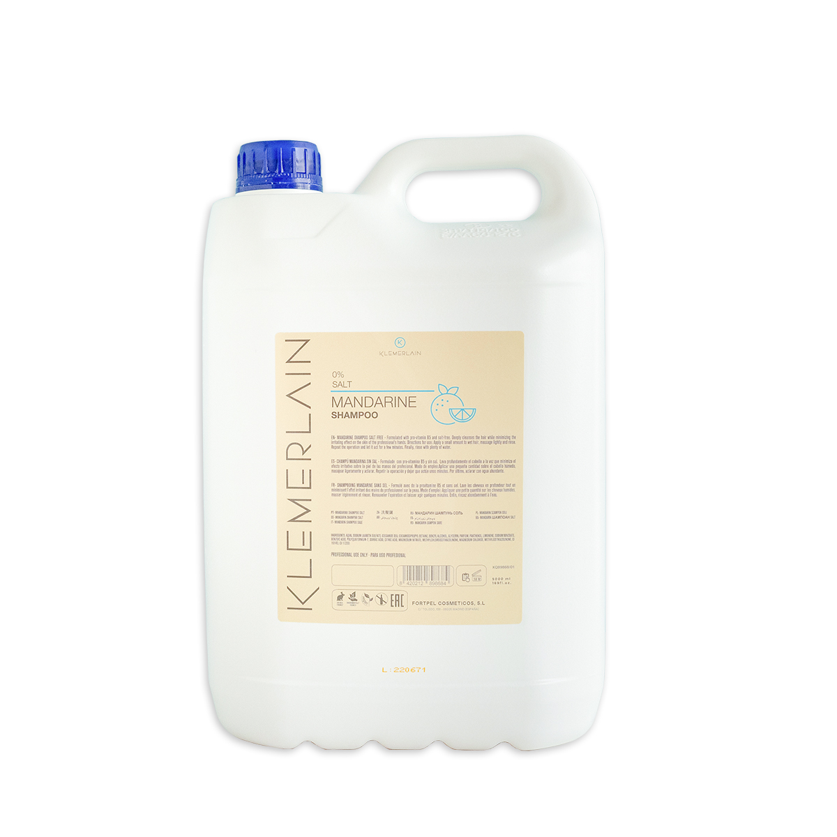 KLEMERLAIN Champú Aroma Mandarina. Champú garrafa. Sin sal, sin parabenos. Todo tipo de cabellos. Desarrollado para el profesional de peluquería - 5000 ml para Valquer Laboratorios