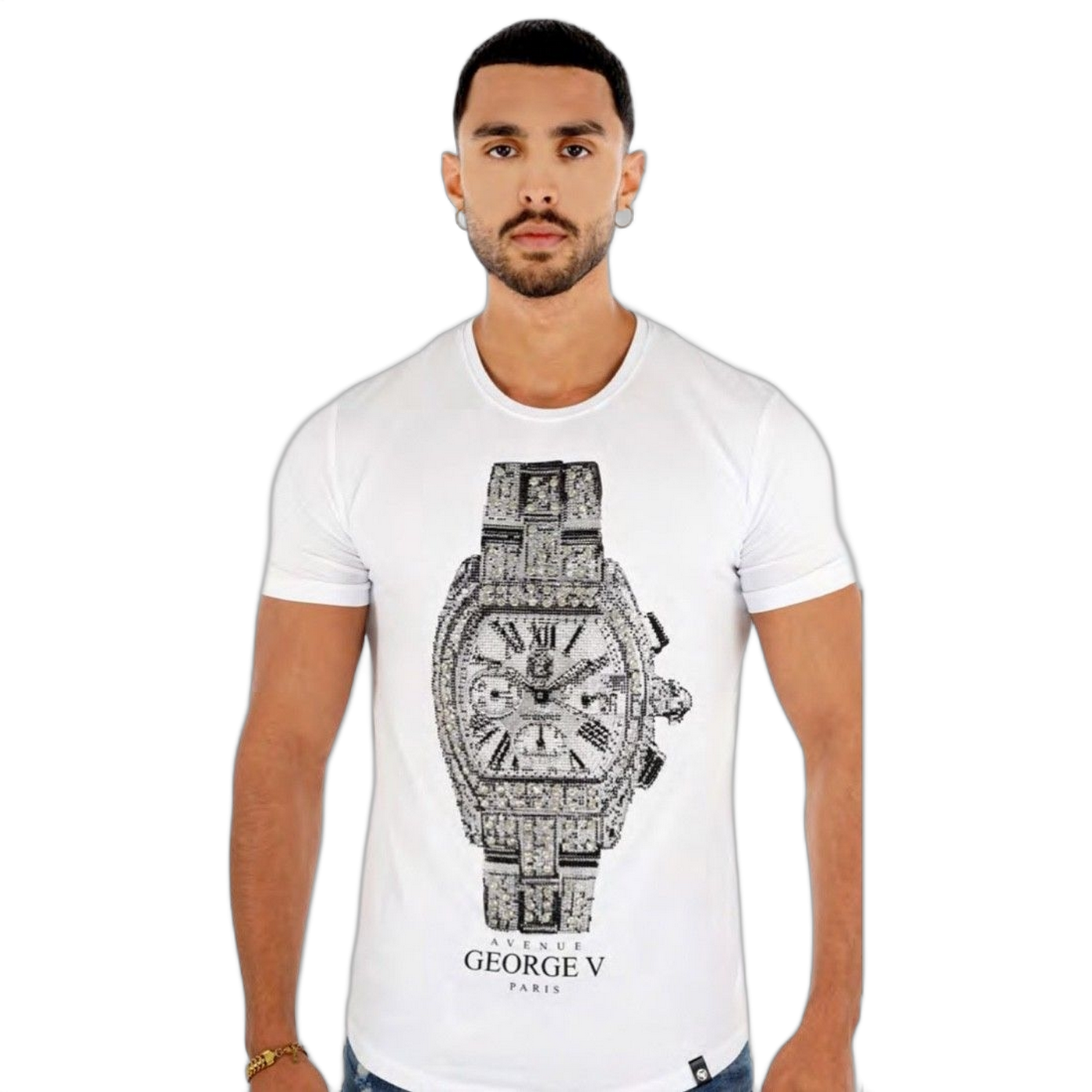 Camiseta George V Paris con Reloj Blanco Hombre Moderno, Ropa casual 90% Algodón, 10% Elastano