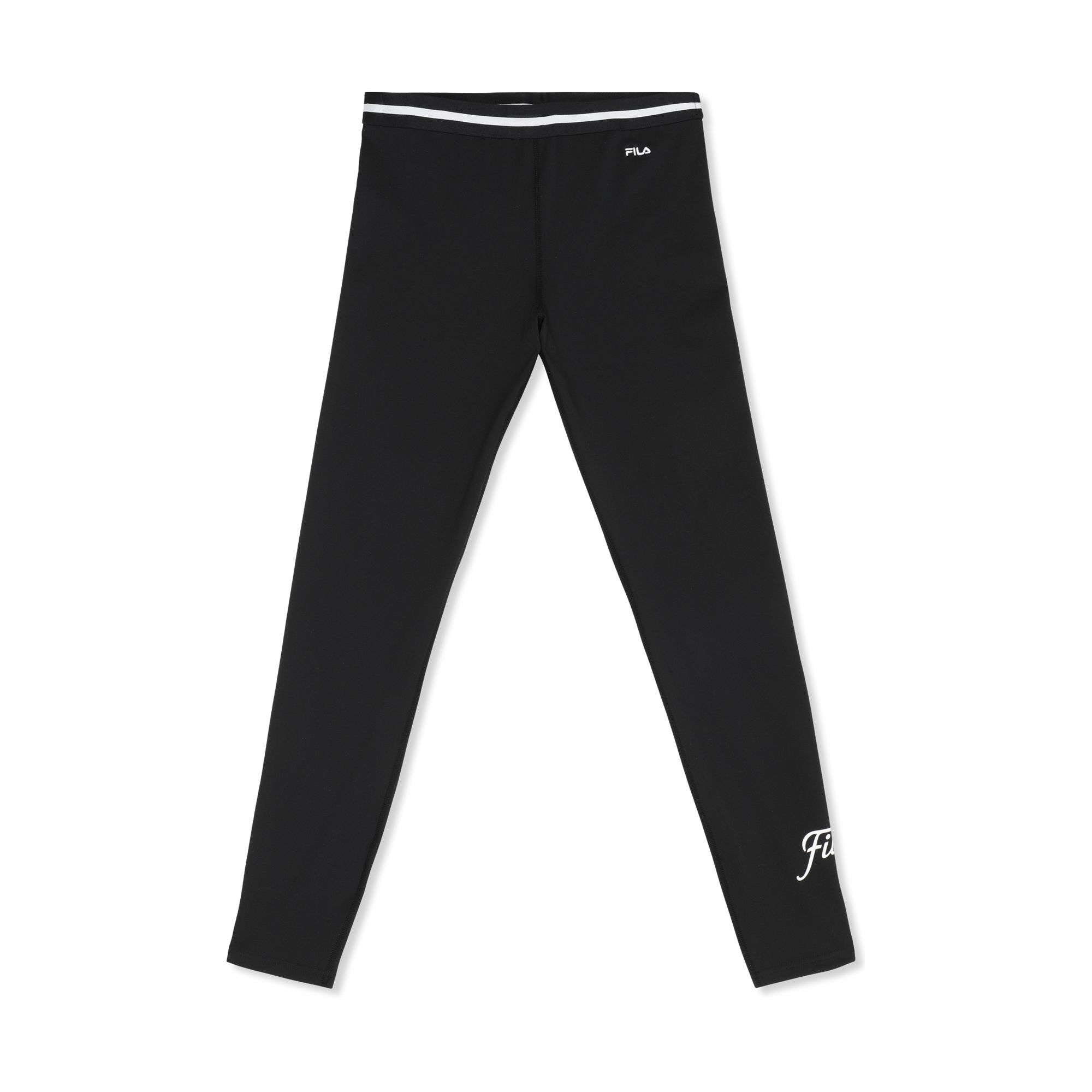FILA | Lunata Graphic Taped Leggings, Leggings Deportivos Mujer, Poliéster y Elastano, Negro, Corte Ceñido Tight, Cintura Elástica a Rayas, Logo Bordado y Gráfico en Pierna
