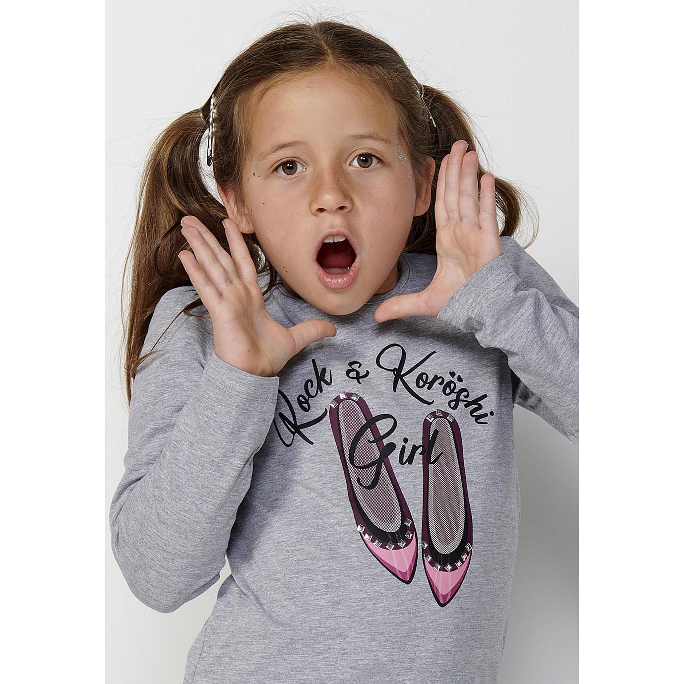 Koroshi - Camiseta manga larga para niña con volantes en hombros y estampado delantero, de algodón 85% viscosa 10% elastano 5%, gris vigoré