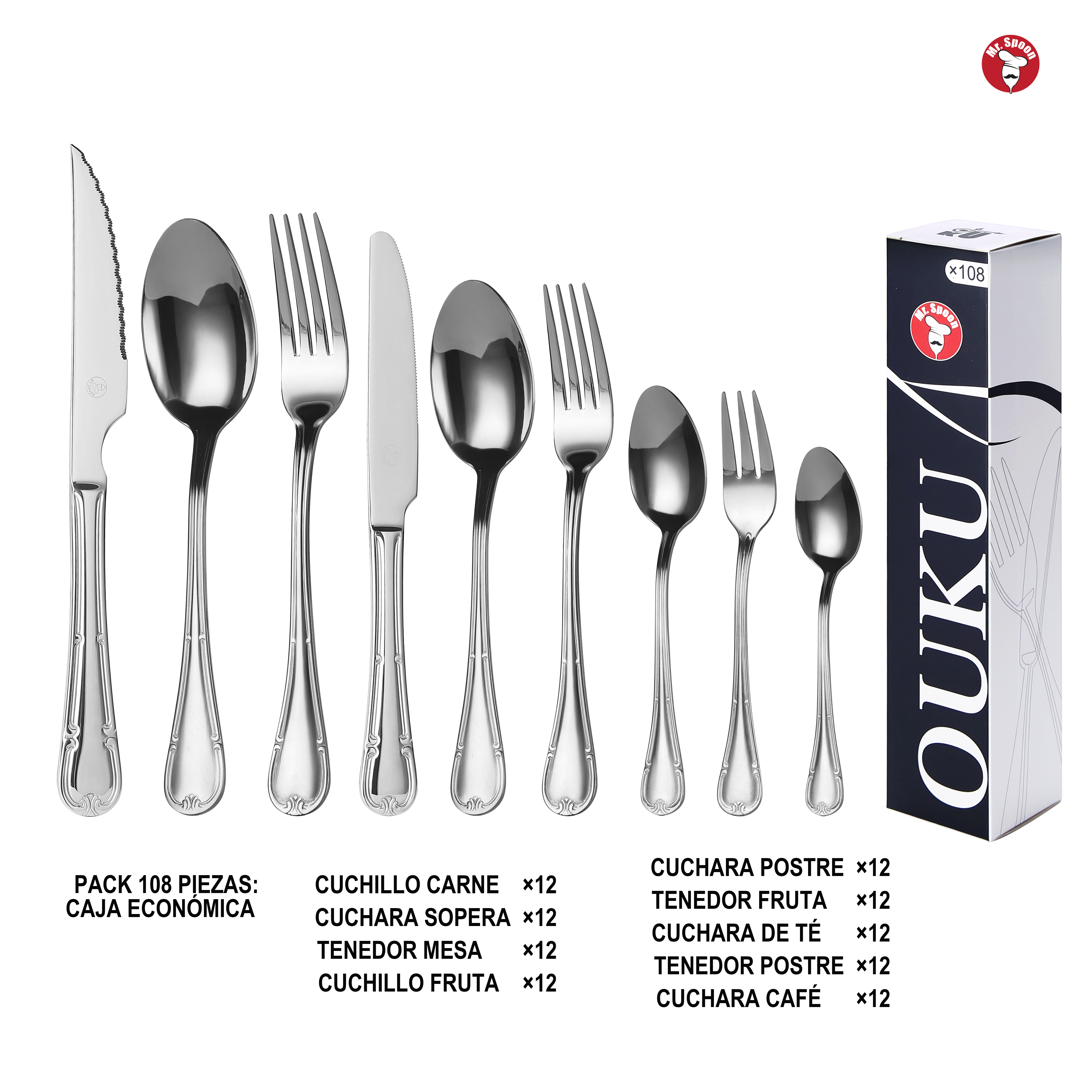 Mr.Spoon Serie Flores Juego 96,108 o120 piezas cubiertos,Acero Inoxidable18/0,Plateado,Económico y funcional,Incluye cuchillo carne o mesa,tenedor,cuchara,cucharilla,etc.Mango monobloque,Apto para lavavajillas,Empaque ecológico,Para casa,hotel,restaurante